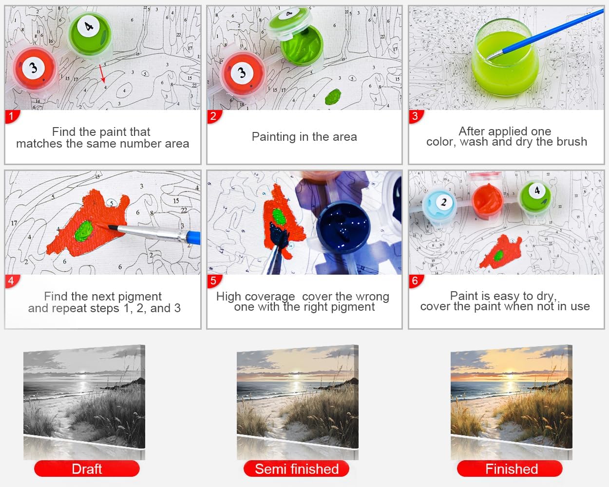 Paint by Numbers Kits for Adults & Beginners – Easy Acrylic Sunset Beach Scene, DIY Dunes & Grass Painting for Home Wall Decor (16 x 20 Inch)