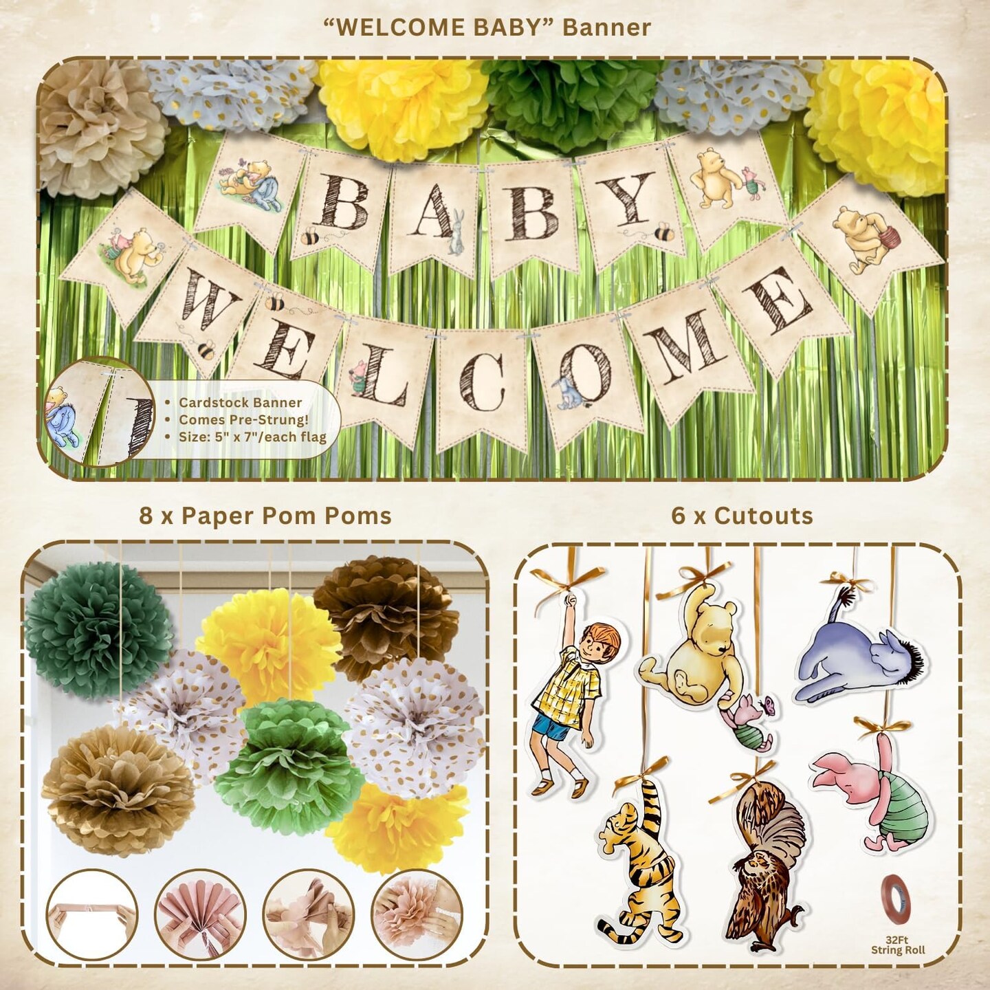 Winnie Baby Shower Decorations &#x2013; the Pooh Balloons, Backdrop, Welcome Baby Banner, Tablecloth, Cake Toppers, Pompoms, Sash &#x26; More &#x2013; Classic Pooh Baby Shower Theme