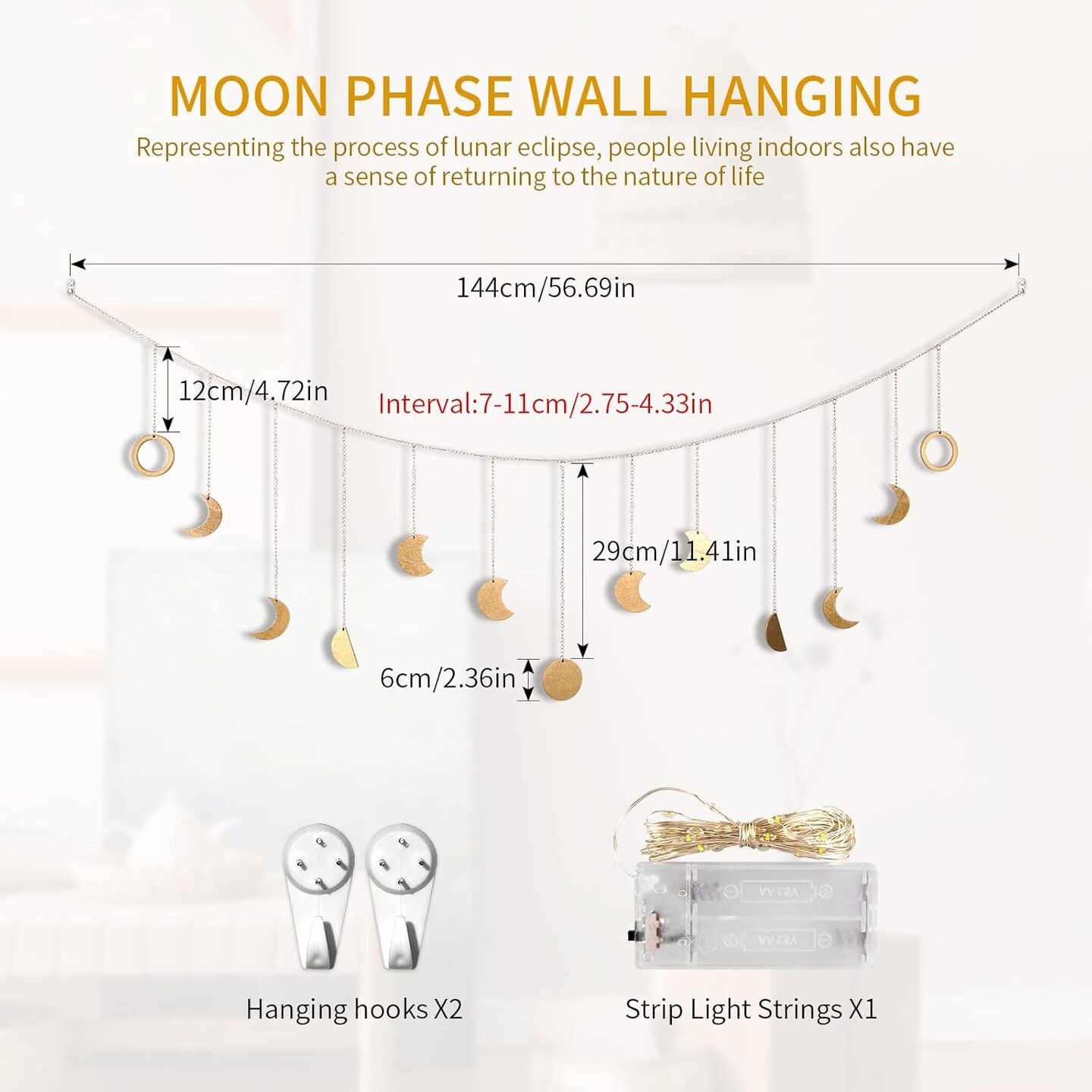 13 Gold Wood Boho Wall Hanging Decor Mood Garland 56'' - Celestial Phases Moon Decor