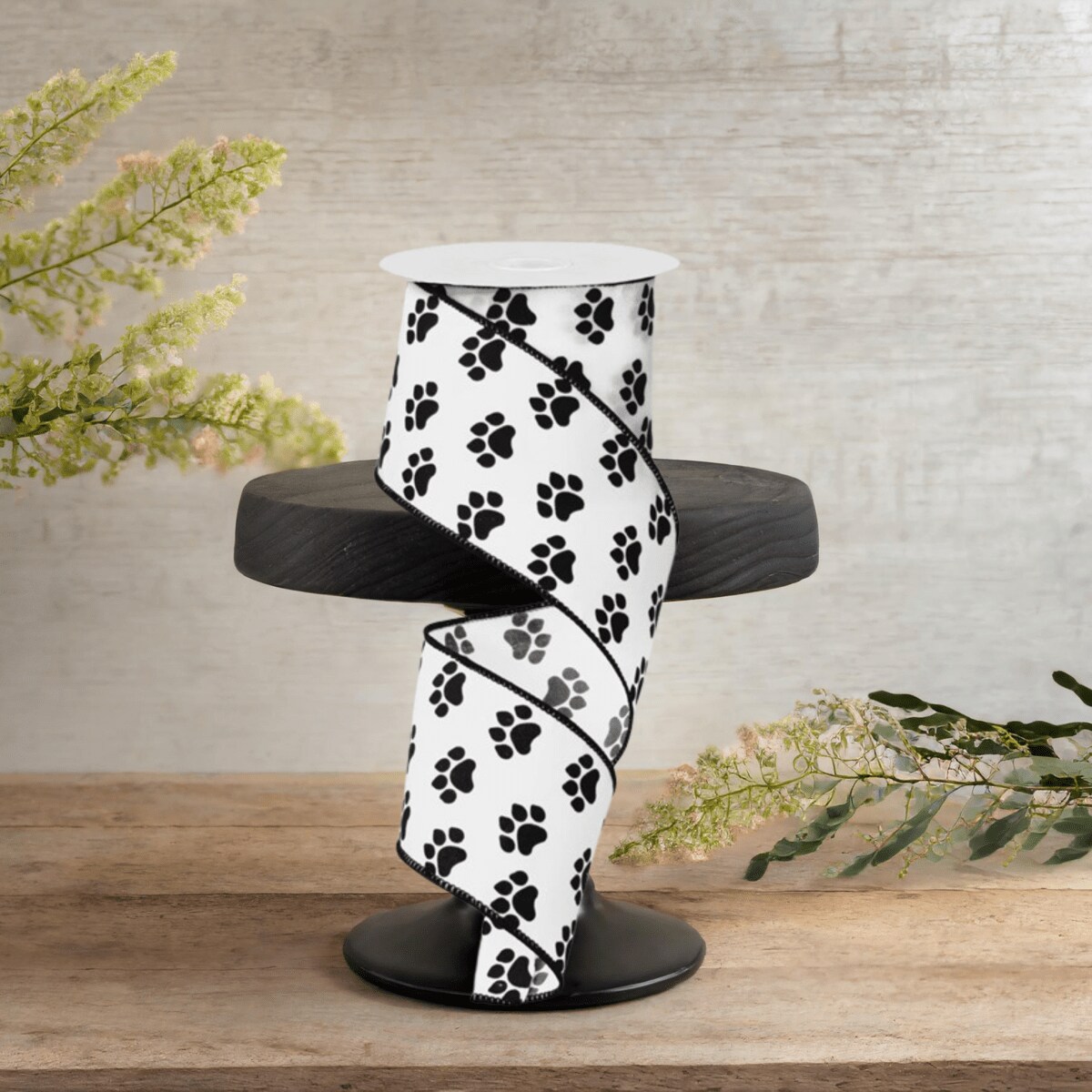2.5&#x22; Satin Paw Print Ribbon: Black &#x26; White (10 Yards)