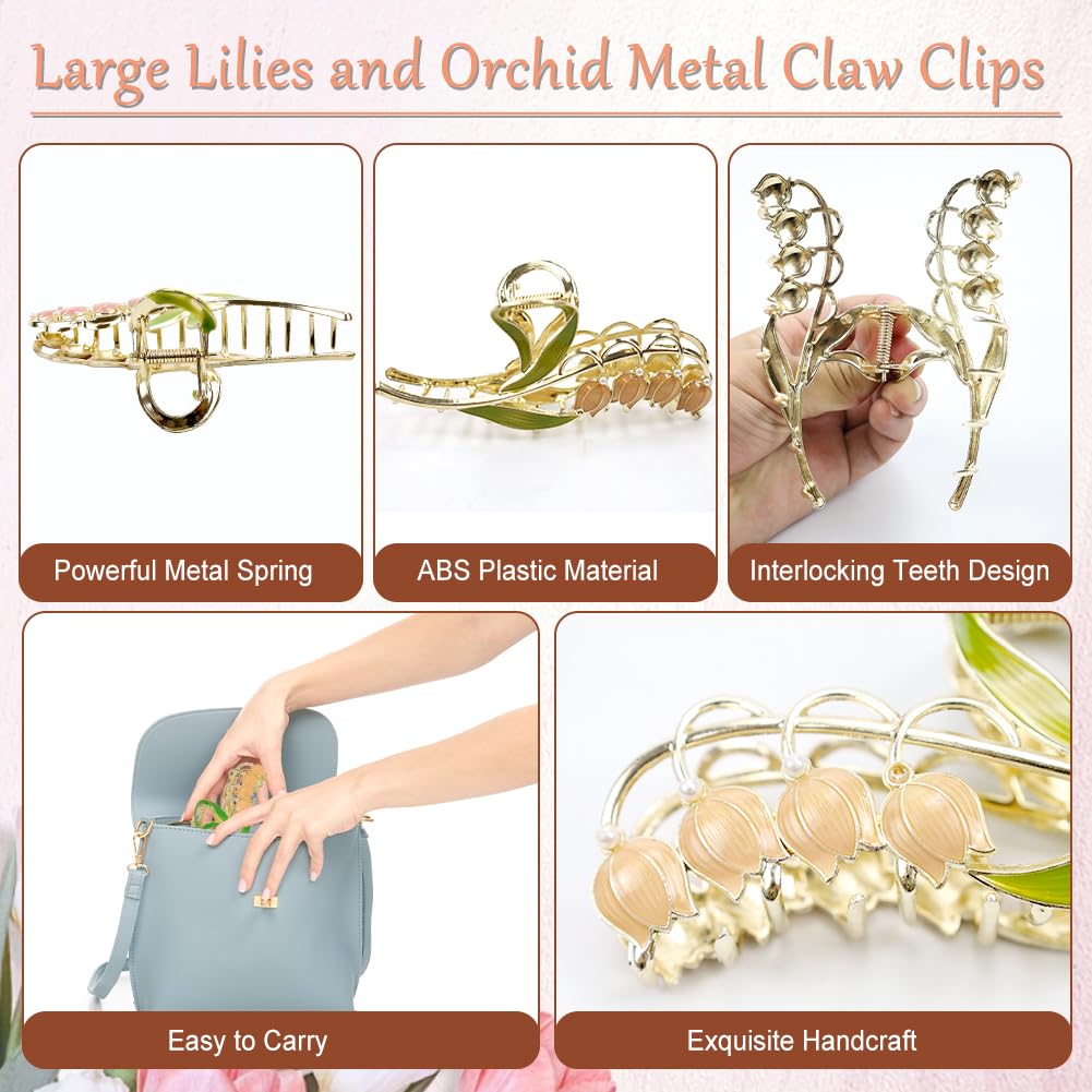 6 Pcs Flower Metal Claw Hair Clips, Large Lilies and Orchid Designs, Fashion Hair Accessories