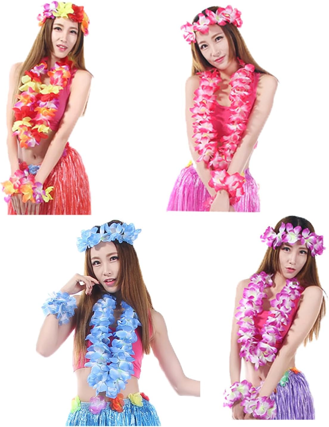 Hawaiian Leis Set,Hawaiian Luau Flower Leis Necklace Headband Bracelets Set