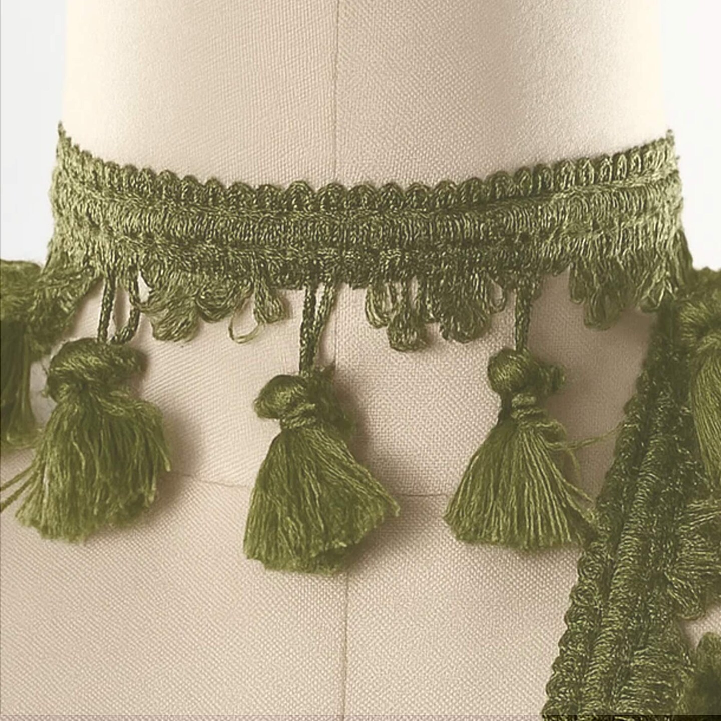 1 Yard Olive Green Braided Gimp Trim with Decorative Tassel Fringe for Upholstery and Drapery 2” Width