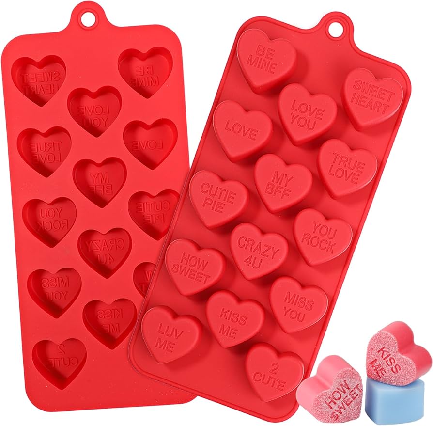 Hearts with Words Silicone Mold Flexible Candy, Chocolate &#x26; Jelly Mold with Romantic Messages