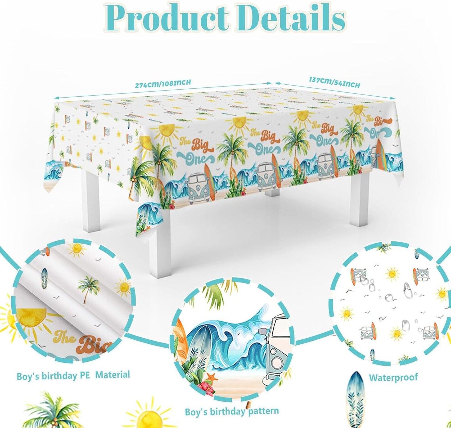 3 Pack Retro The Big One Tablecloth Table Covers Summer Beach Wave Theme