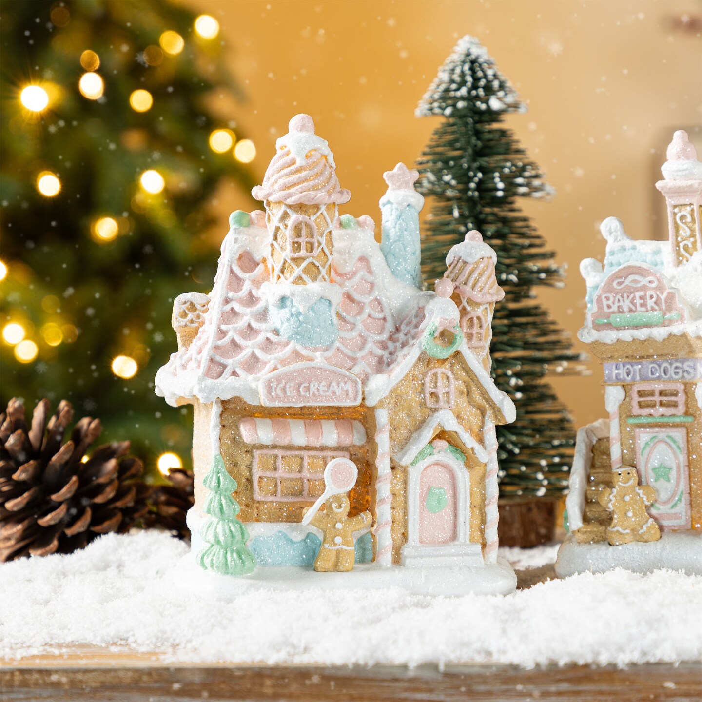 Set of 3 Christmas Lighted Macaron Resin Village Table Decor Set