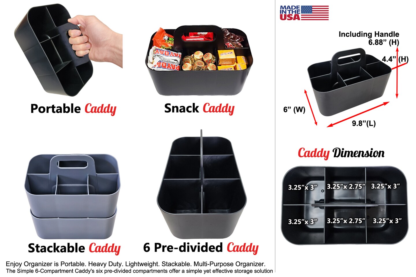 Enjoy Organizer Small Stackable and Portable Simple 6-Compartment Art Caddy - Made In USA