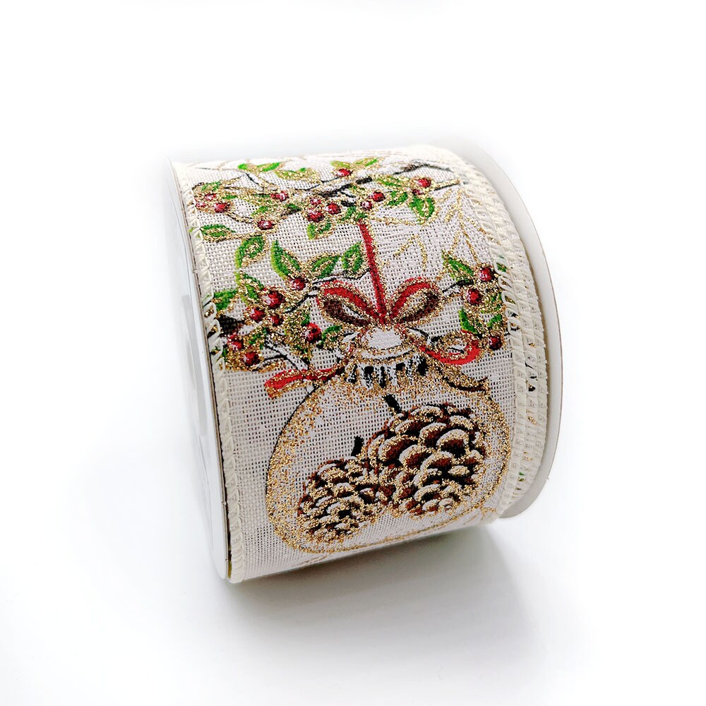 Designer’s Shop WR 63-5191 Holiday Pinecones Glitter Ornament wired edge ribbons (2.5” x 10 yards )