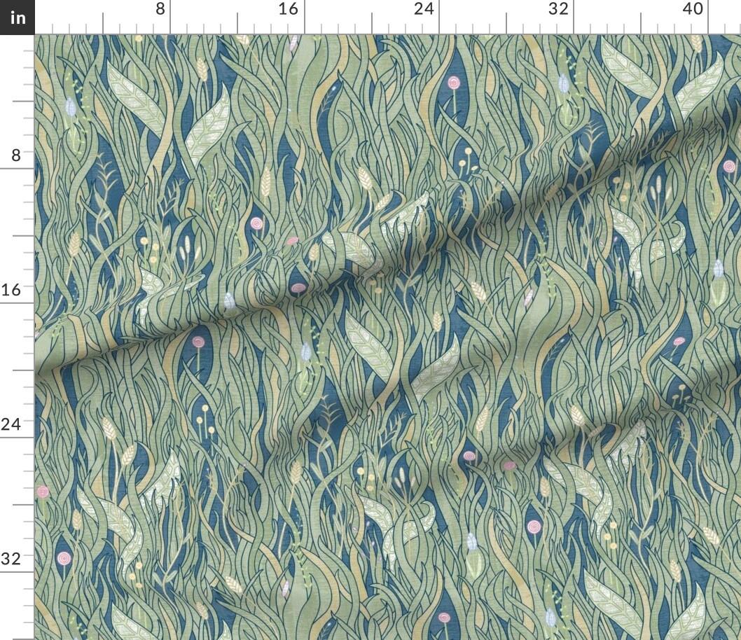 Wild Grasses Plants Nature Blue Green Vintage Wilderness Mid Century Rustic Antique Meadows Fields Beautiful Custom Printed Fabric by Spoonflower Various Fabrics by the Yard or Fat Quarter