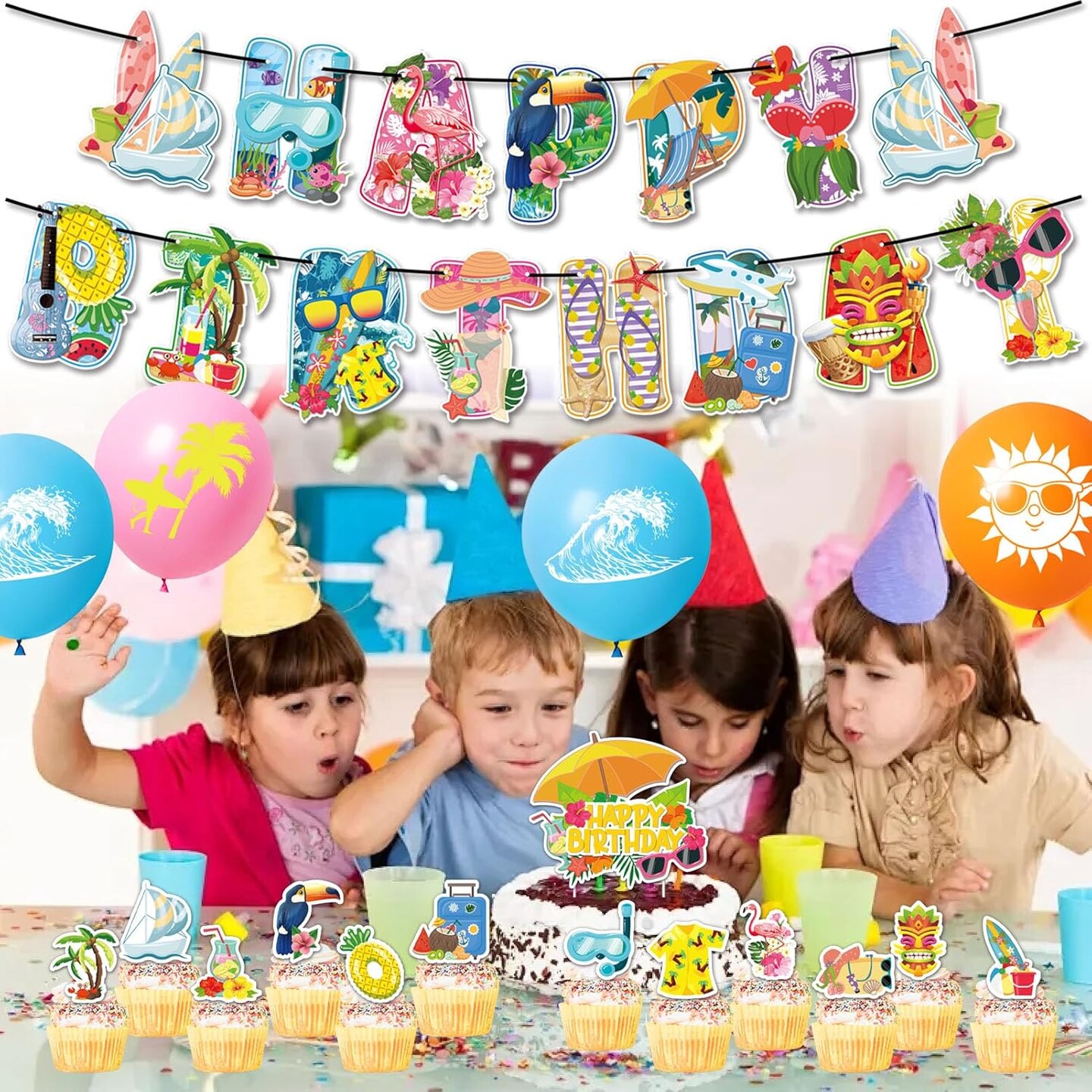 Summer Beach Party Decorations - Banner, Cake Toppers, Balloons