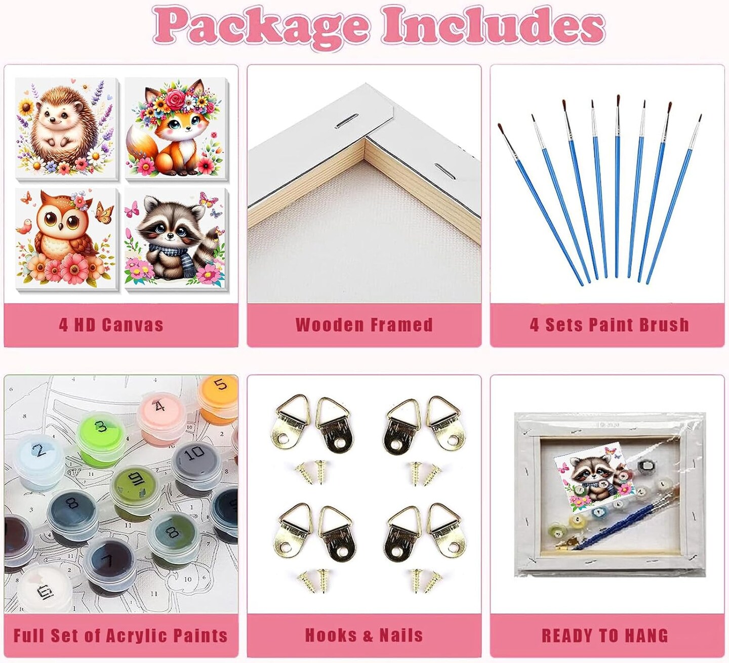 4 Pack Animal Paint by Number for Kids with Wooden Frame