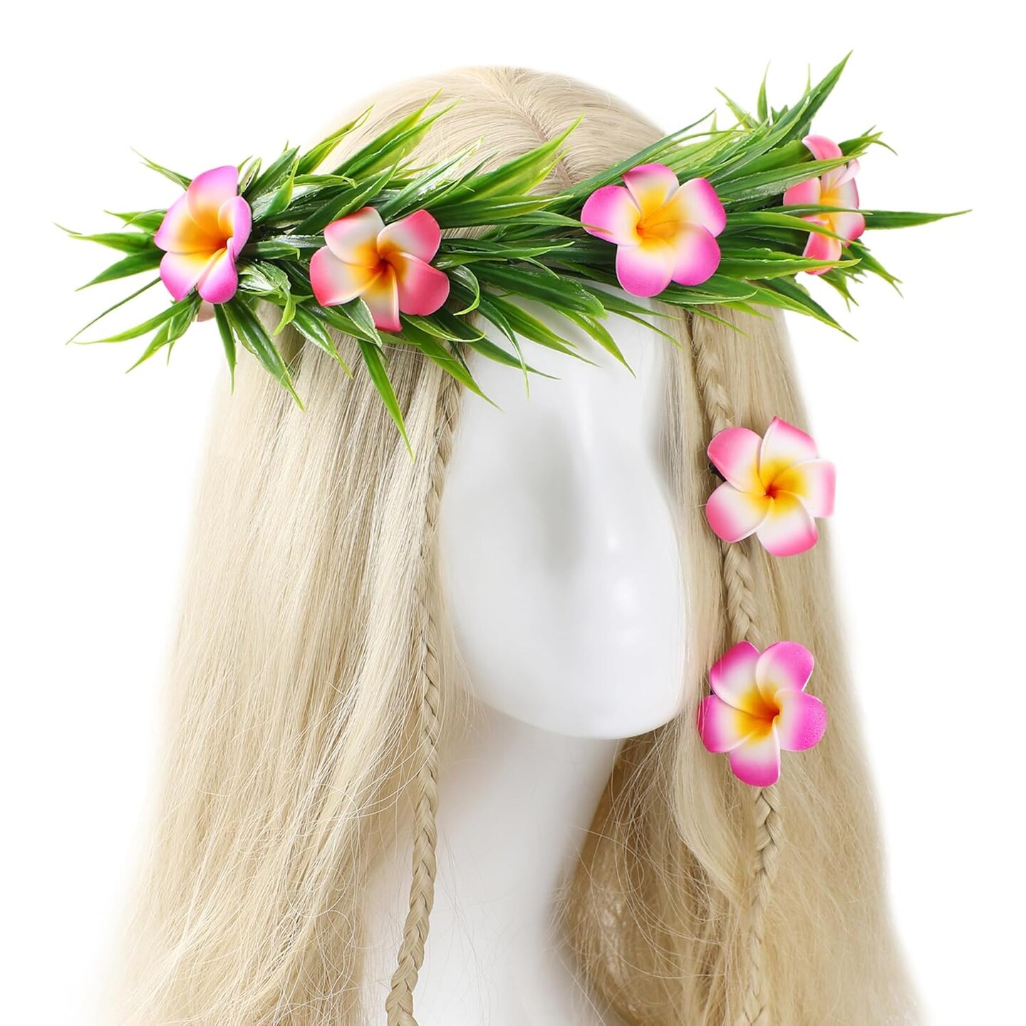 Hawaiian Flower Crown Headband - 3 Pcs Hawaiian Plumeria Flower Hair Clips Pink