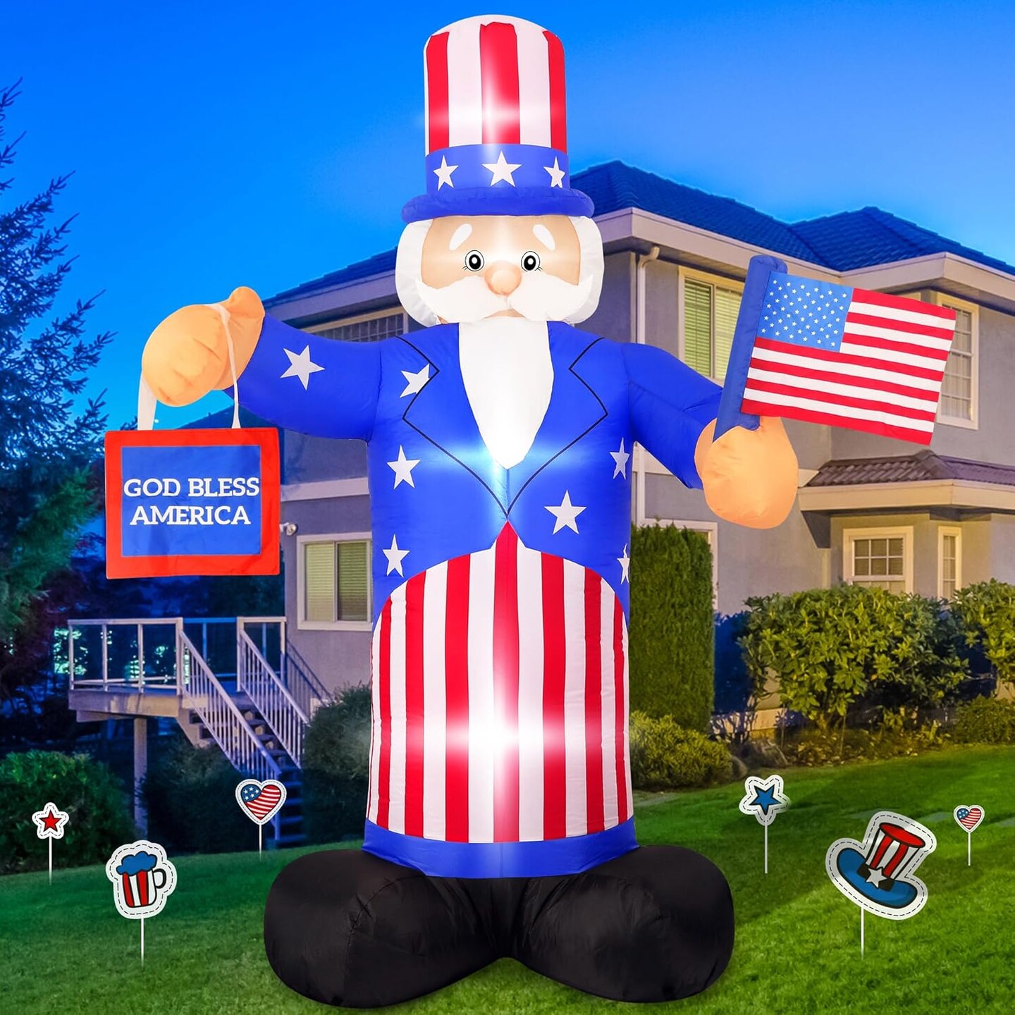 7FT 4th of July Inflatables Decorations Outdoor Uncle Sam Holds American Flag