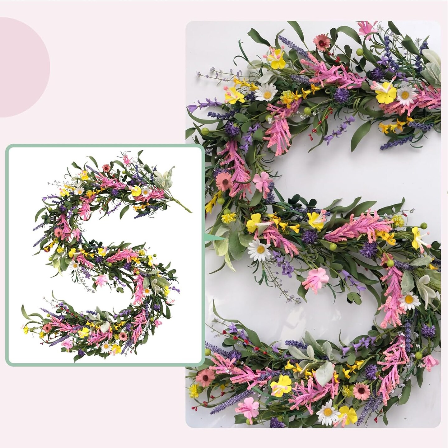 70inch Spring/Summer Garland with Flowers, Artificial Fake Flower Greenery