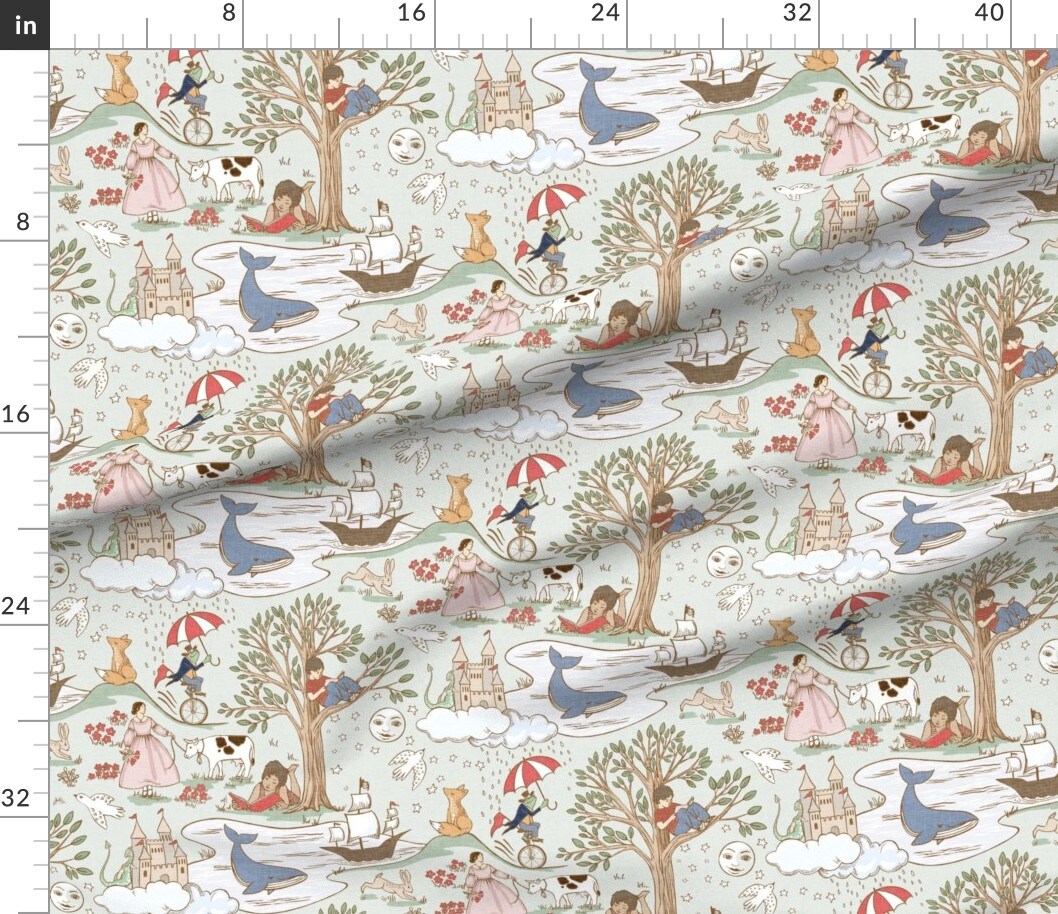 Whimsical Fairytale Reading Story Time Storybook Children Toile Whale Frog Tree Pirate Ship Moon Stars Dragon Castle Clouds Fox Rabbit Bunny Custom Printed Fabric by Spoonflower Various Fabrics by the Yard or Fat Quarter