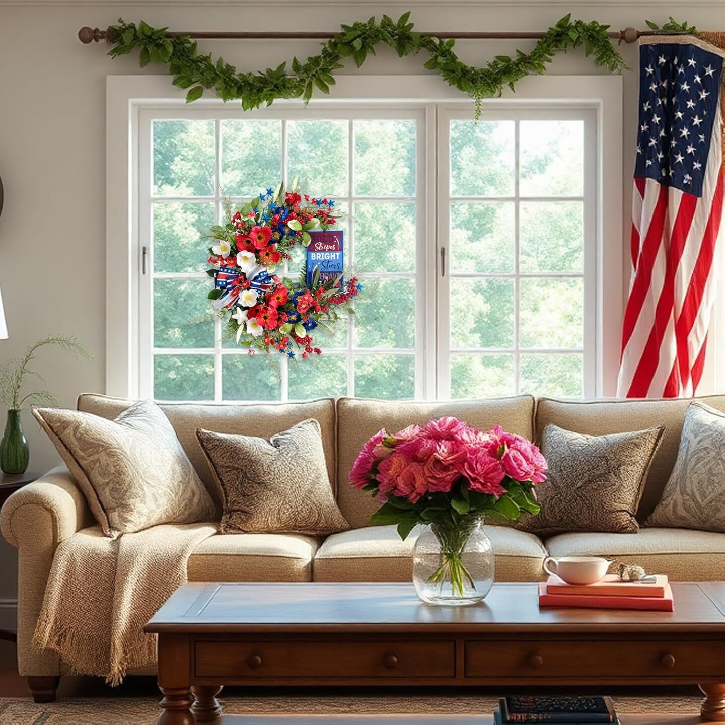 Handcrafted Patriotic Wreath for Front Door - 4th of July Wreath with Silk Poppies