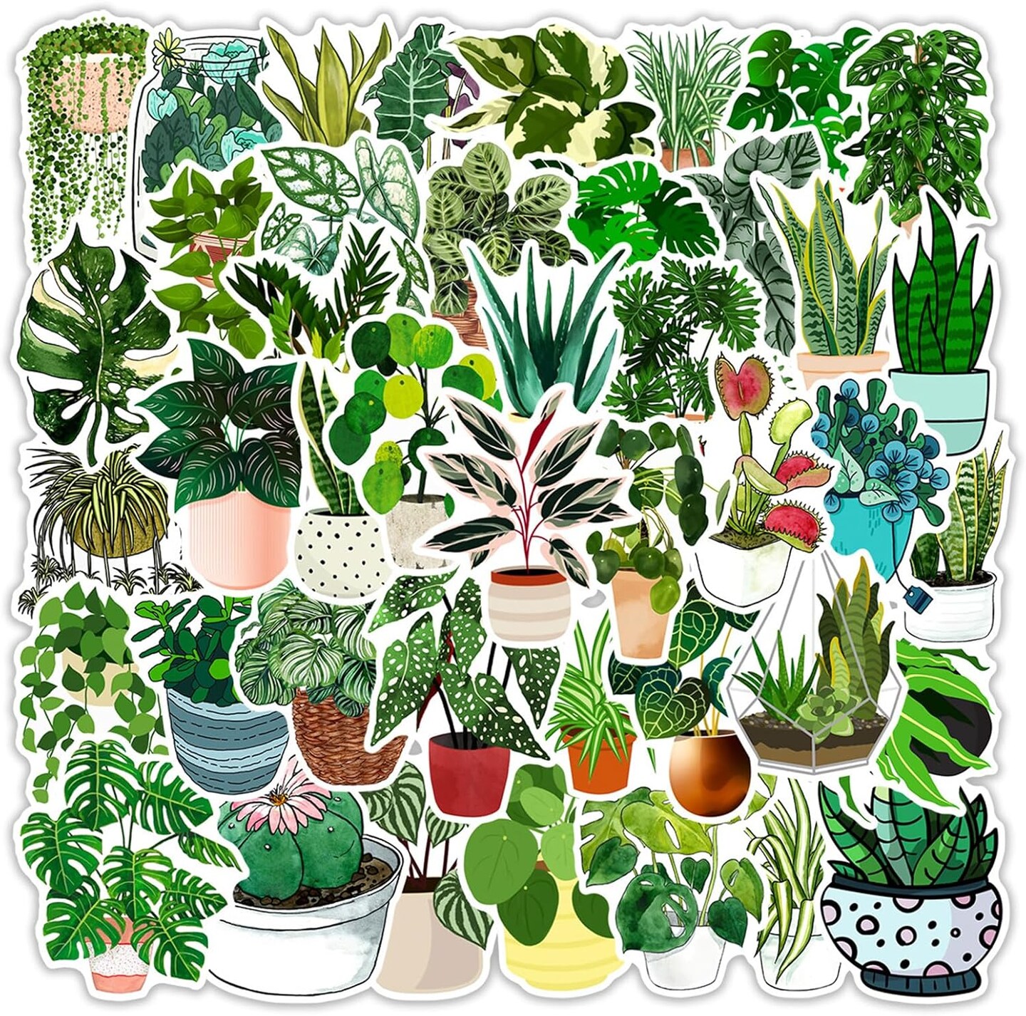 50 Pcs Green Plants Stickers Potted Plant Floral Sticker