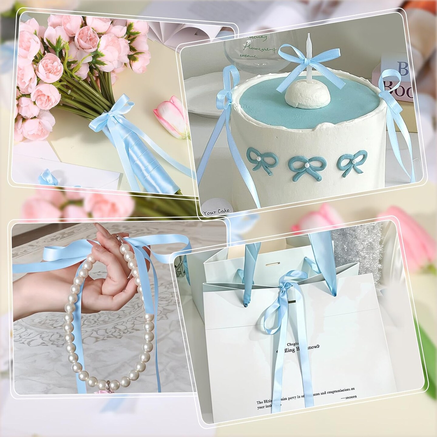 120 Yards Blue Ribbon 3/8 Inch Baby Blue Ribbon Thin Light Blue Satin Ribbons