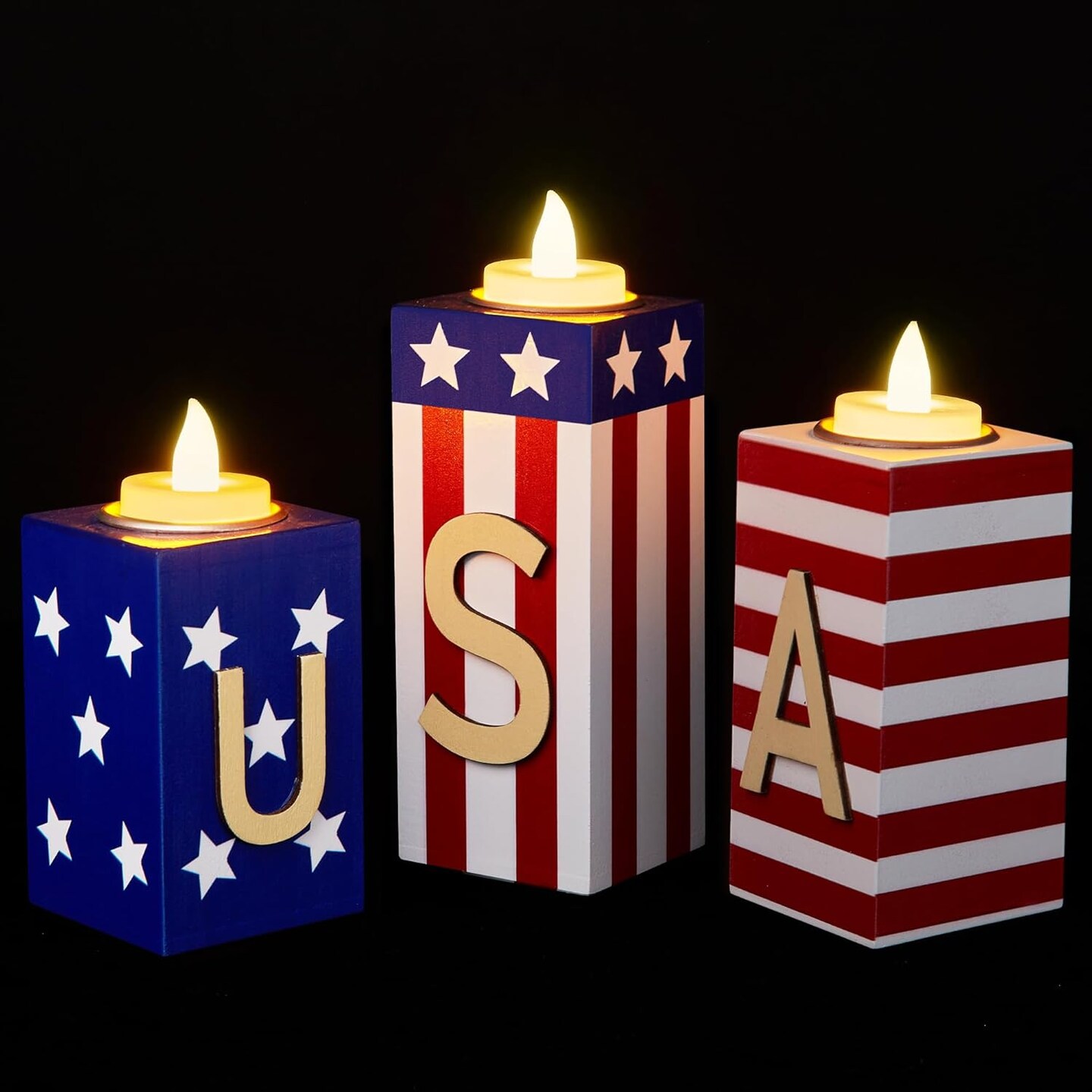 3 PCS - 4th of July Decor Patriotic Wood Candle Holders with Tea Lights(Flag Style)
