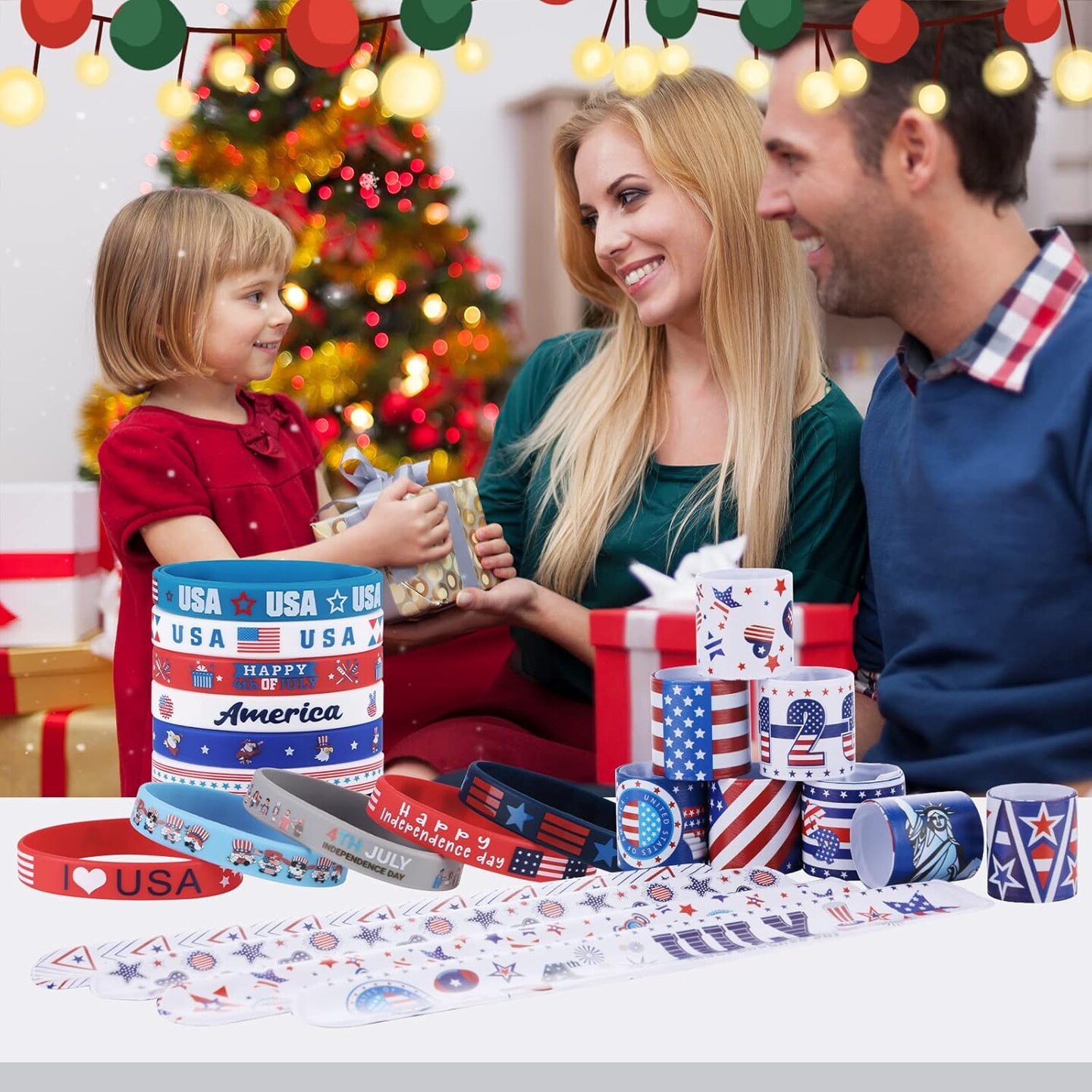 48Pcs 4th of July Party Favors Patriotic Decorations American Flag Slap Bracelets Rubber Wristbands