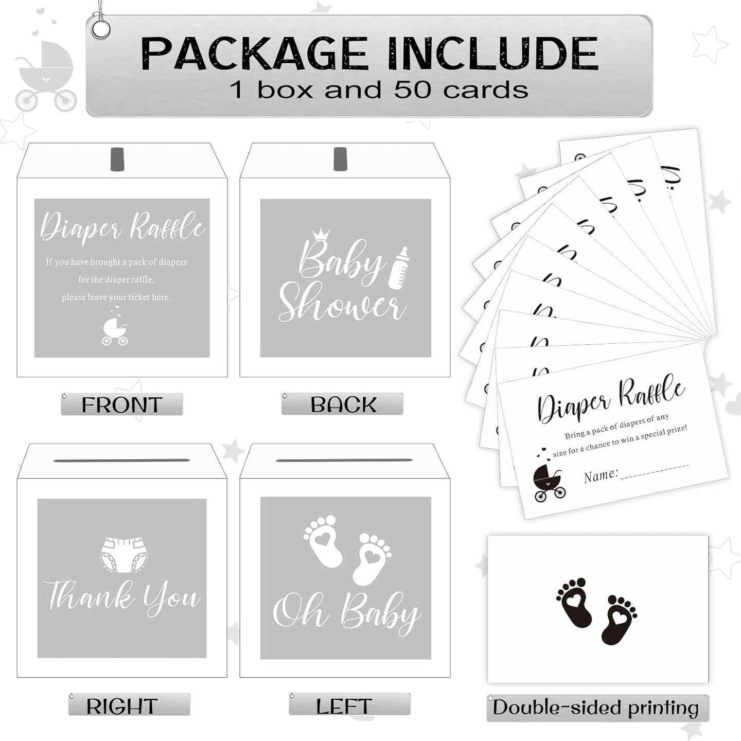 50 Diaper Raffle Tickets with Box for Baby Shower Game Invitations