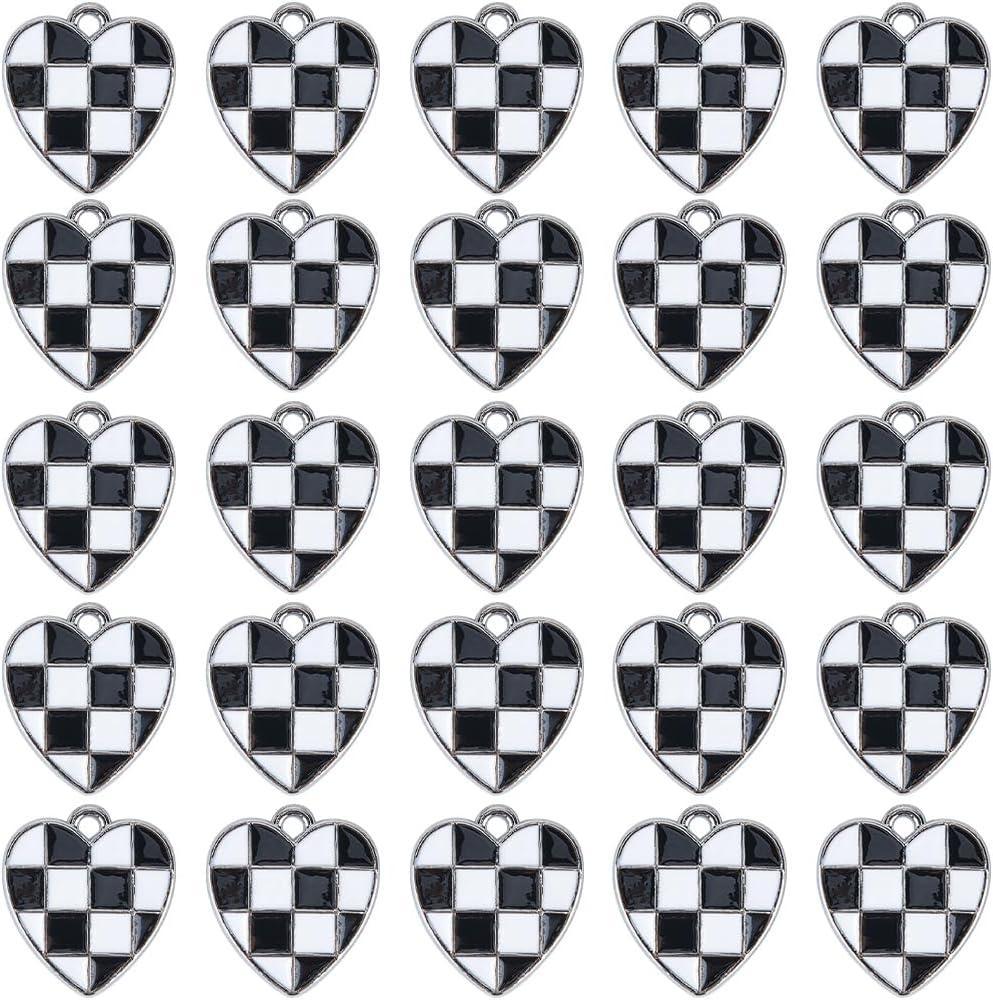 1 Box 30Pcs Checkered Charms Bulk Black and White Heart Charm Metal Enamel Hearts Love Chic Racing Flag Charms for Jewelry Making Charms Keychain Earrings Accessories Wedding Women Beginners