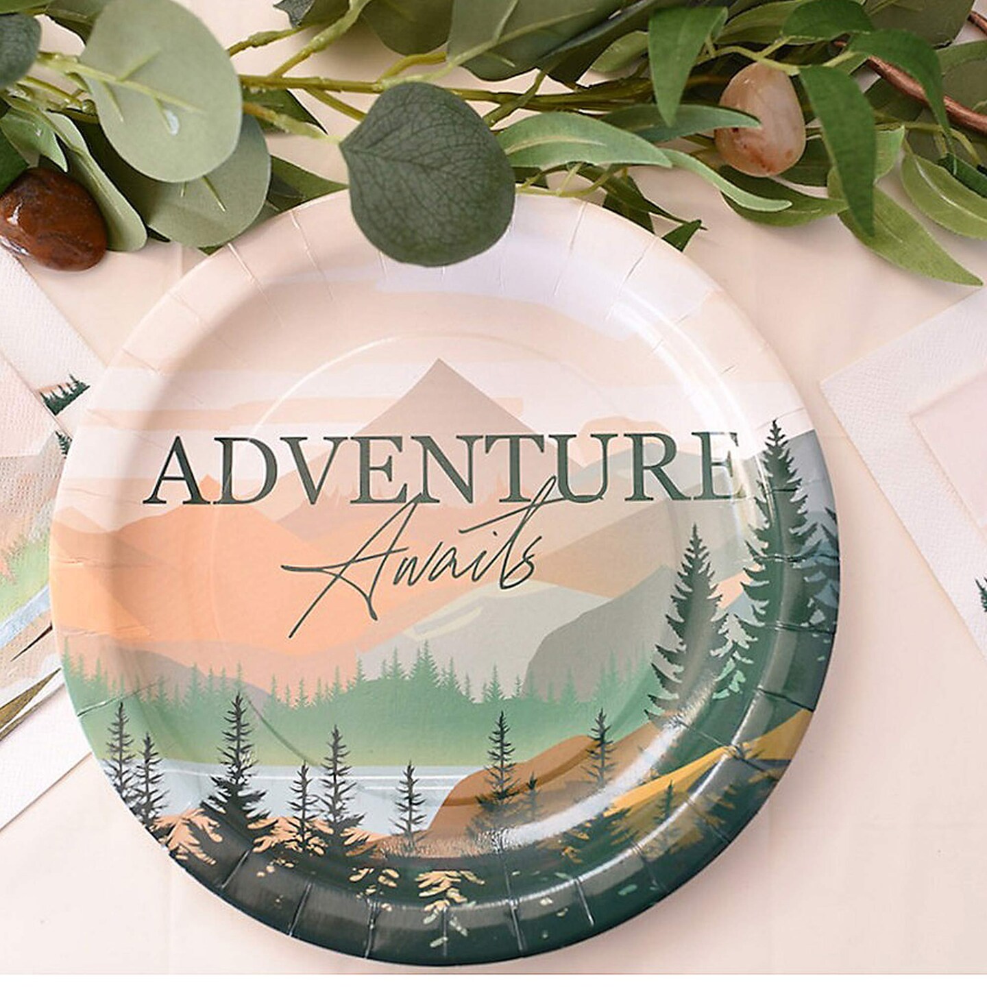 8 Count Adventure Awaits Alpine Mountain Paper Dinner Plates for Graduation and Party Events 9"
