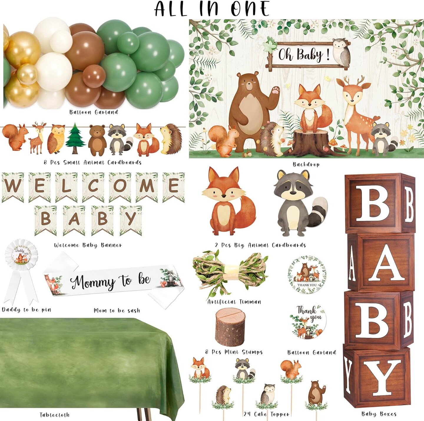 130pcs Woodland Baby Shower Decorations Safari Baby Shower Decorations for Gender Neutral Celebration with Balloon Garlands,Welcome Baby Banner, Baby Boxes and Tabletop Decor