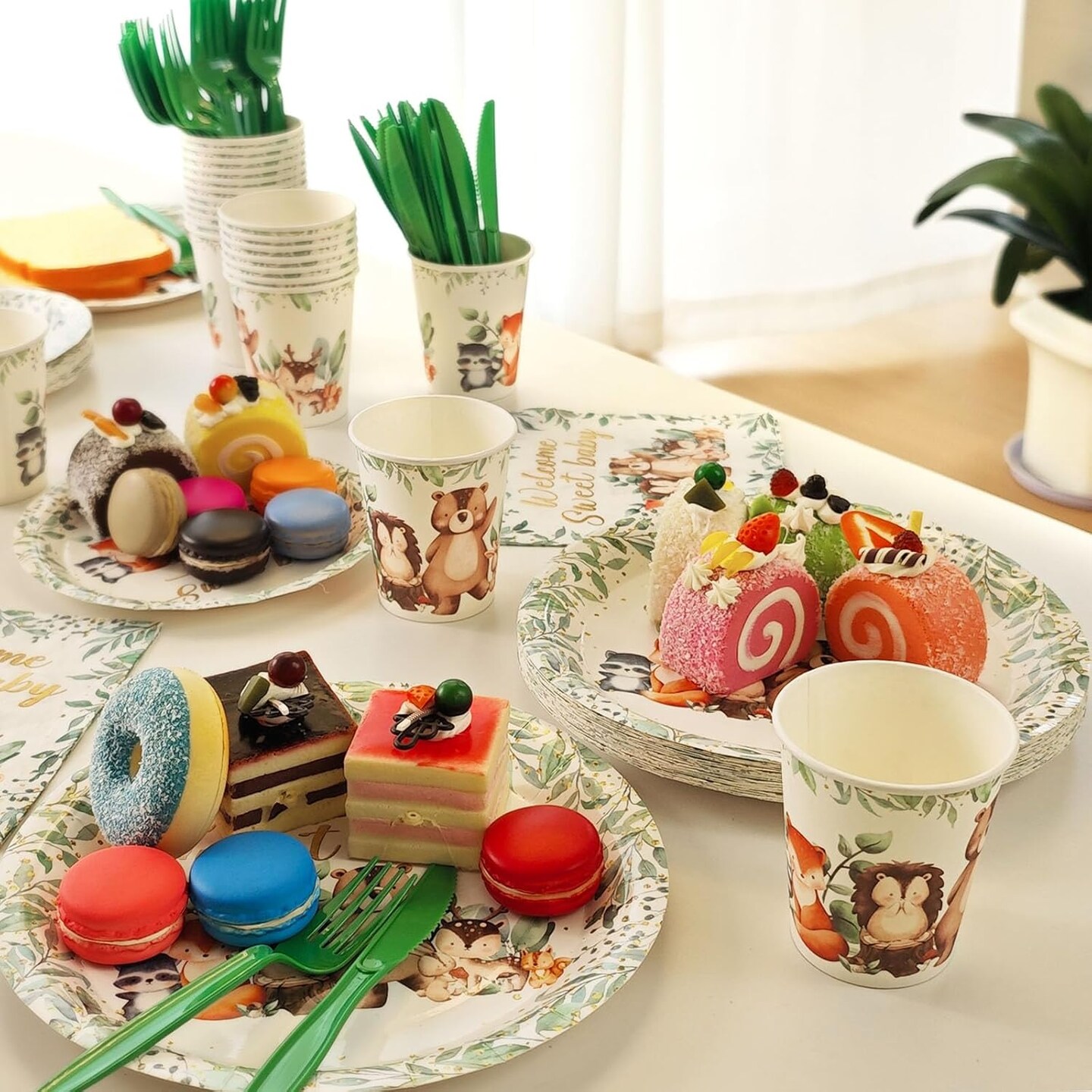 150 PCS Woodland Baby Shower Plates Set Decorations - Woodland Animals Paper Plate Cups and Napkins Disposable Tableware Woodland Theme