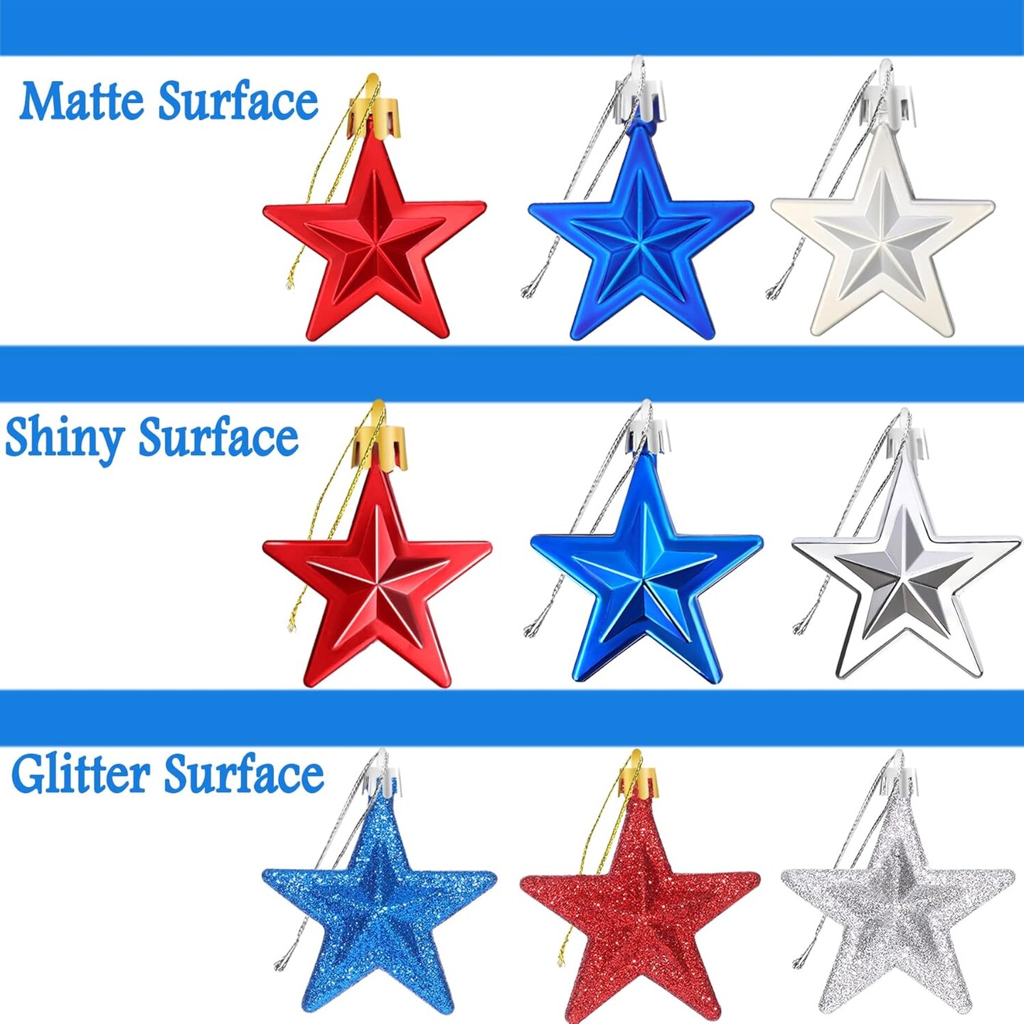 36Pcs Patriotic Star Ornaments Memorial Day Independence Day Labor Day Veterans Day Decorations for Home Party Christmas Tree Decor, Blue Red and Silver
