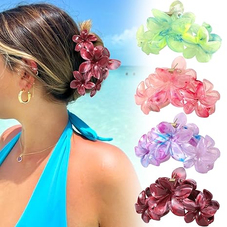 4Pcs Large Flower Claw Clips - Hawaiian Plumeria Hair Clips