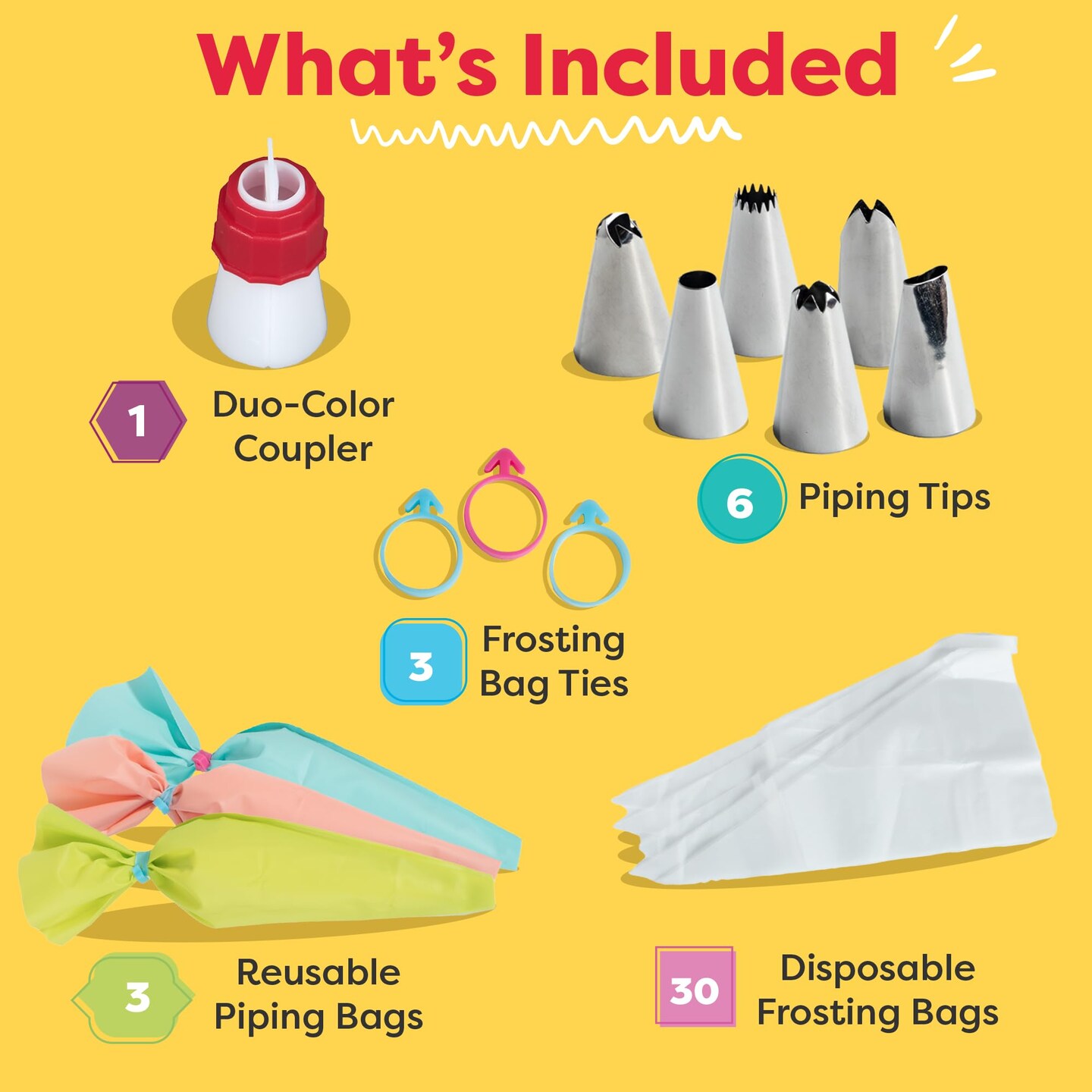 BAKETIVITY Frosting Piping Bags and Tips Set for Decorating Cakes, Cupcakes &#x26; More - Frosting Piping Kit with 3 Reusable &#x26; 30 Disposable Icing Bags, 6 Piping Tips, 3 Bag Ties &#x26; 1 Duo-Color Coupler
