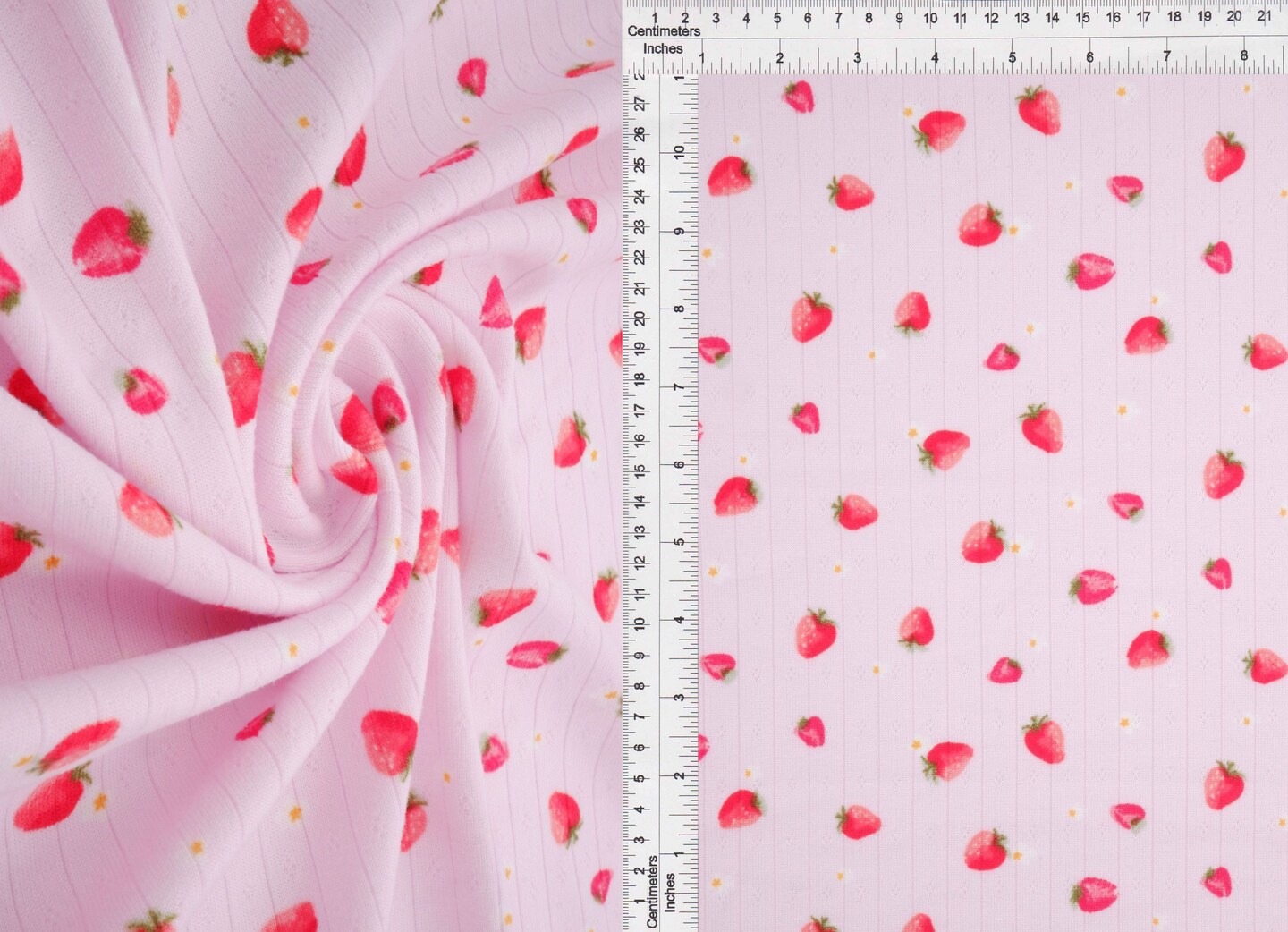 1 Yard 93% Polyester 7% Spandex Cotton-Style Pointelle Strawberry Print Fabric 58/60&#x22; Width