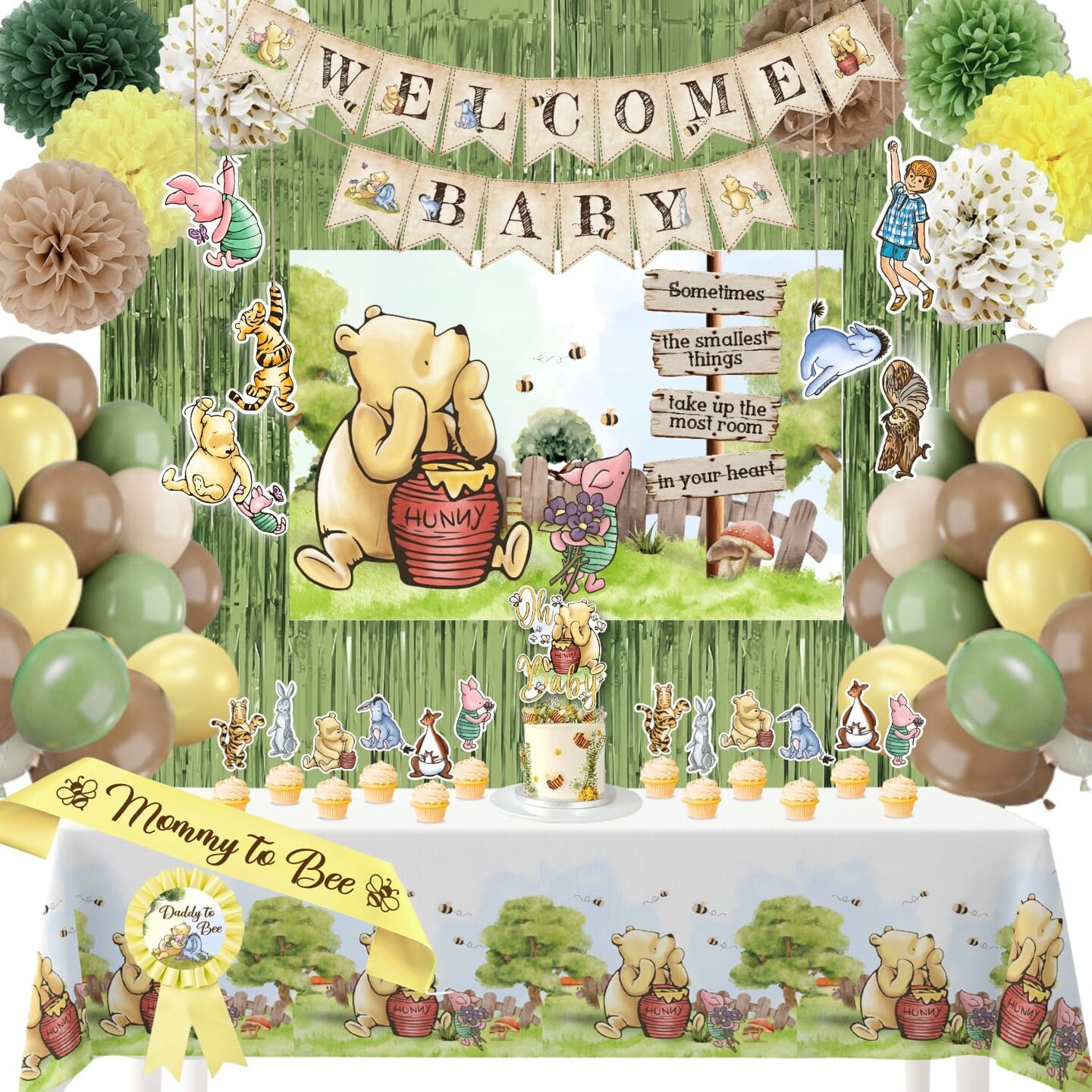 Winnie Baby Shower Decorations &#x2013; the Pooh Balloons, Backdrop, Welcome Baby Banner, Tablecloth, Cake Toppers, Pompoms, Sash &#x26; More &#x2013; Classic Pooh Baby Shower Theme