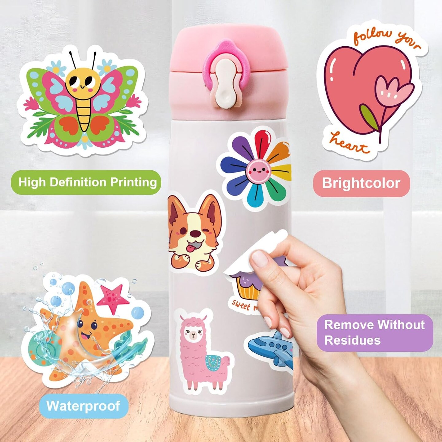 100 PCS Water Bottle Stickers for Kids, Cute Sticker for Girls,Waterproof Vinyl Kawaii Stickers