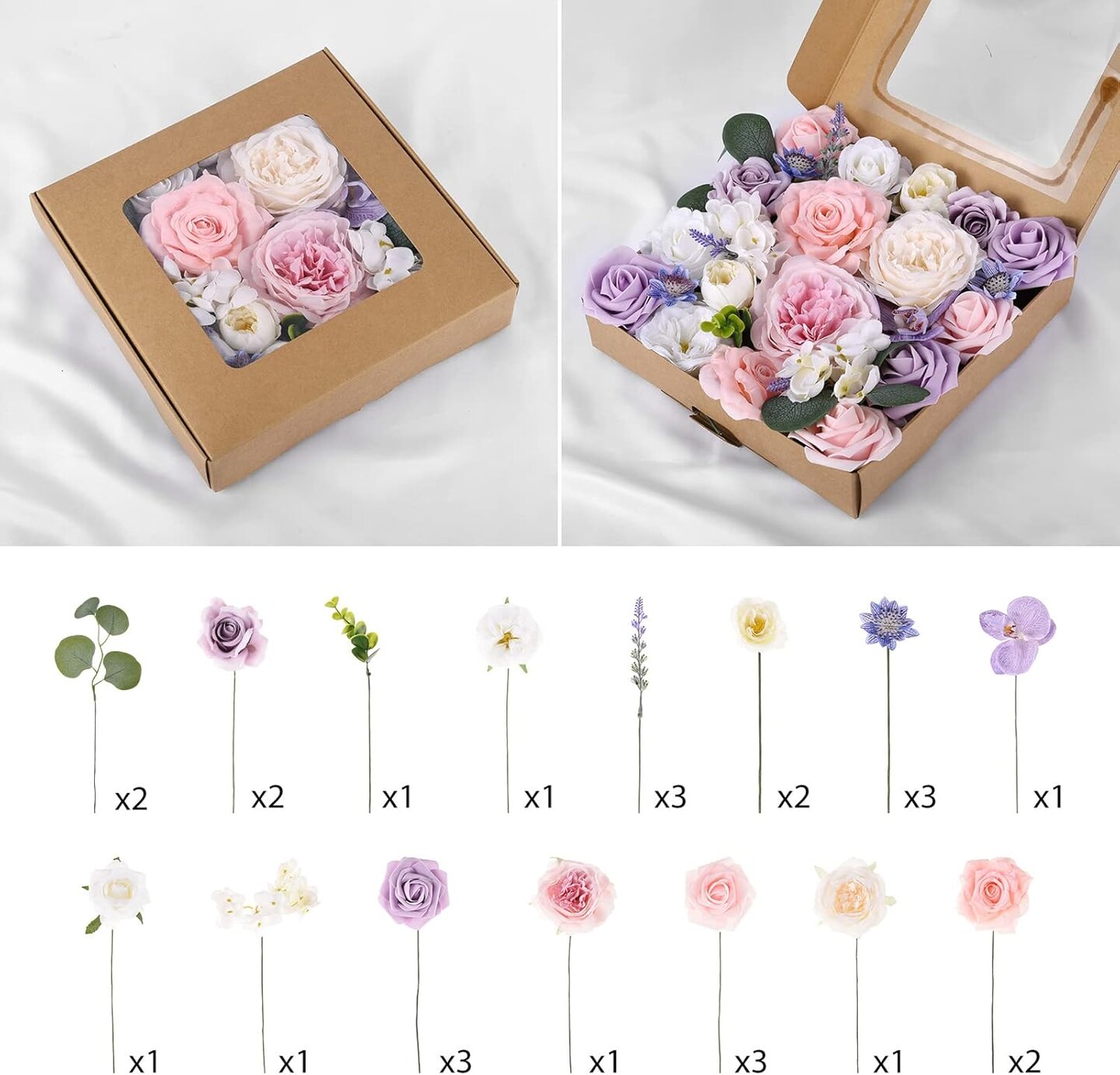 Purple Pink Artificial Flowers Combo Box, Silk Floral Wedding Bouquets Rose