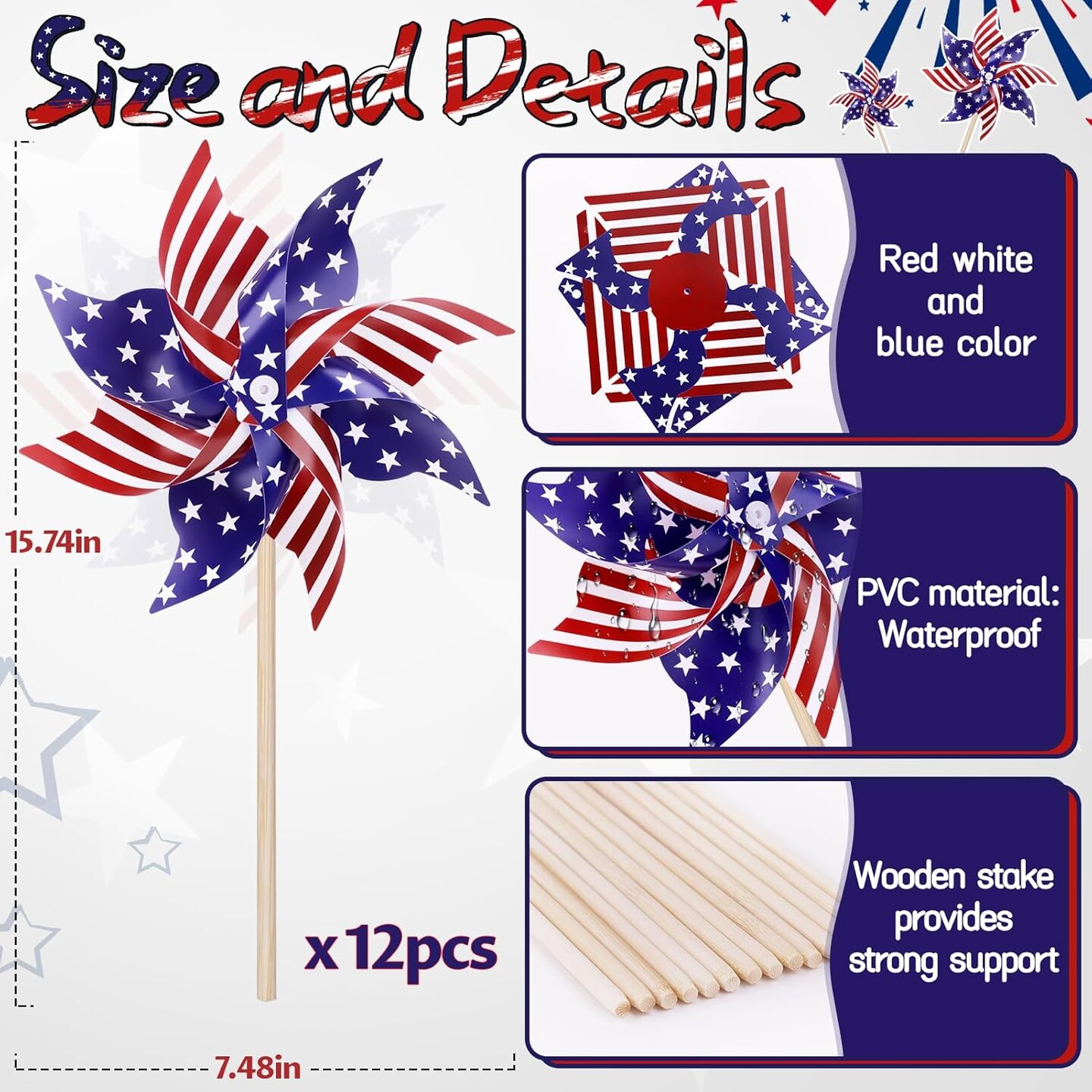 12 Pack 4th of July Decorations Pinwheels, Red White and Blue