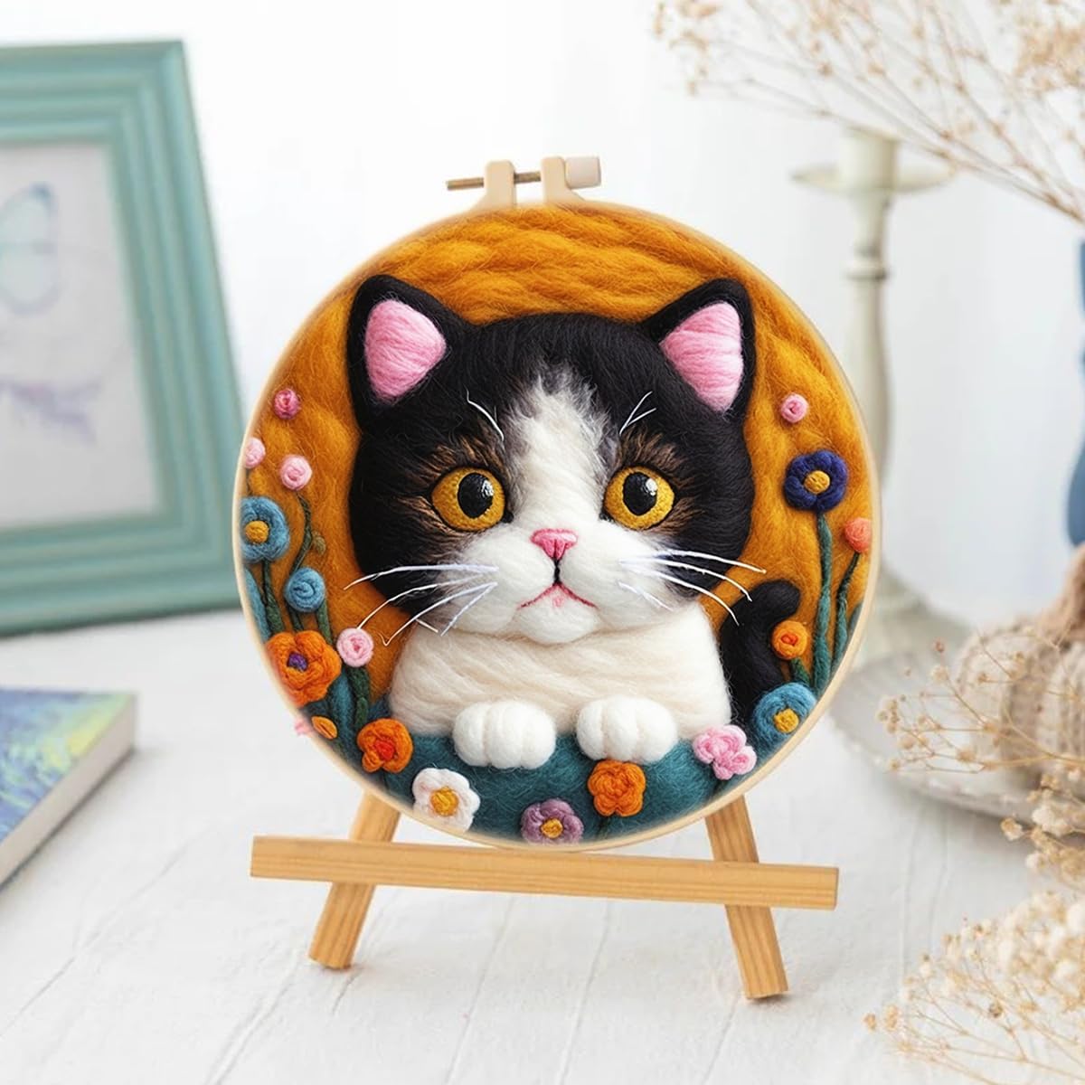 Needle Felting Kit for Beginner – Cat Needle Wool Felting Set with Needles, Foam Pad, Felt Cloth, Picture Frame, and Instructions – Great Gift Decoration