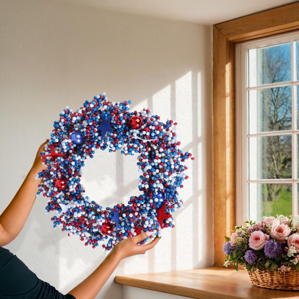 4th of July Wreath for Front Door, Patriotic Wreaths with Red White Blue Colors