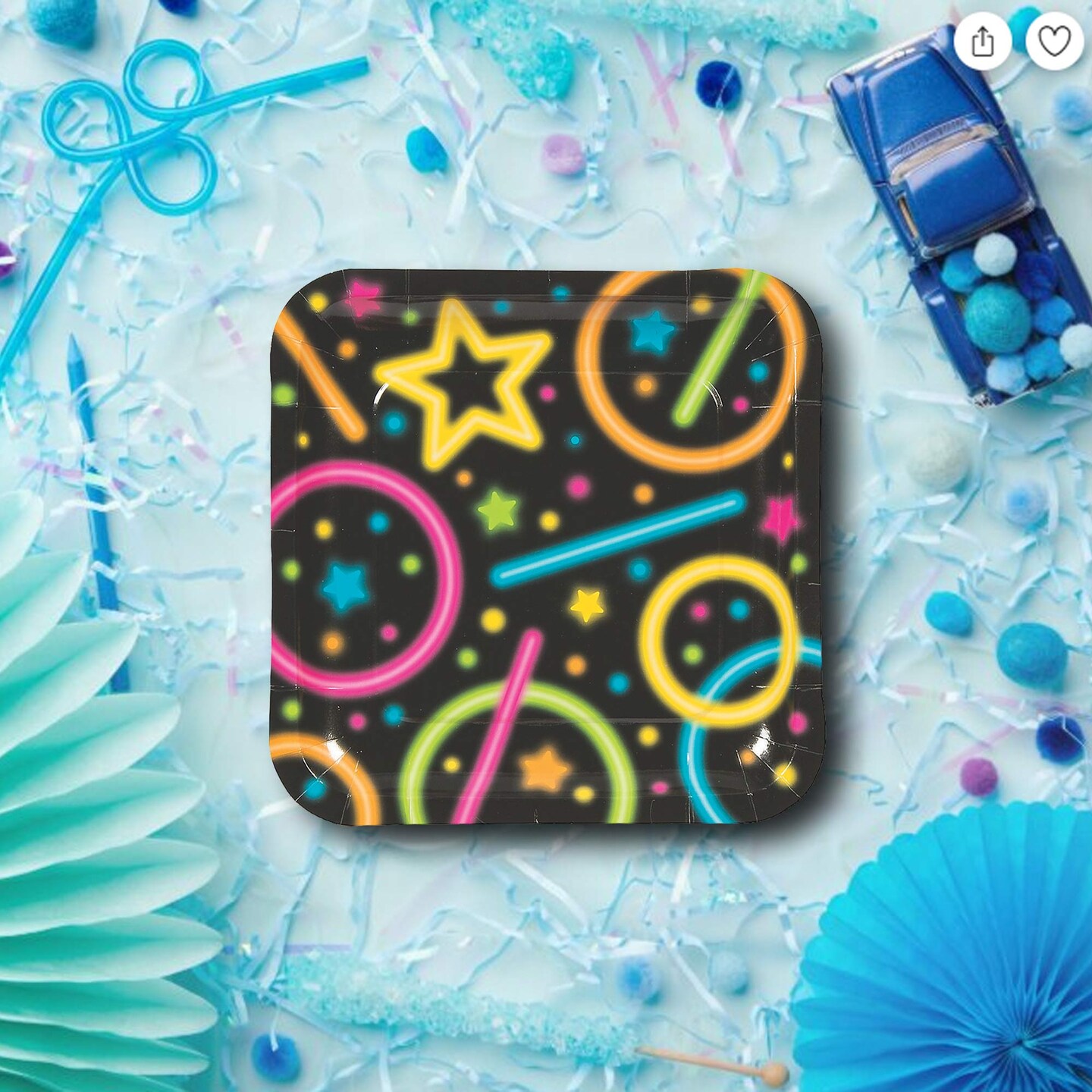 8 Count Neon Glow Rings and Stars Square Paper Plates 9 Inch for Birthday Parties