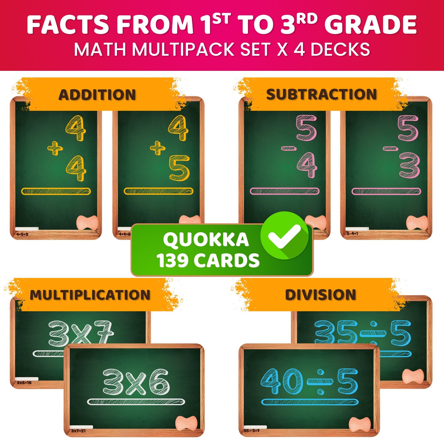 QUOKKA Math Flash Cards for Kids Ages 5-8 - Addition and Subtraction, Multiplication and Division Games for Kids 5-7 - 139 Double-Sided Flashcards for Studying - Large Bold Fonts - Flash Card Rings