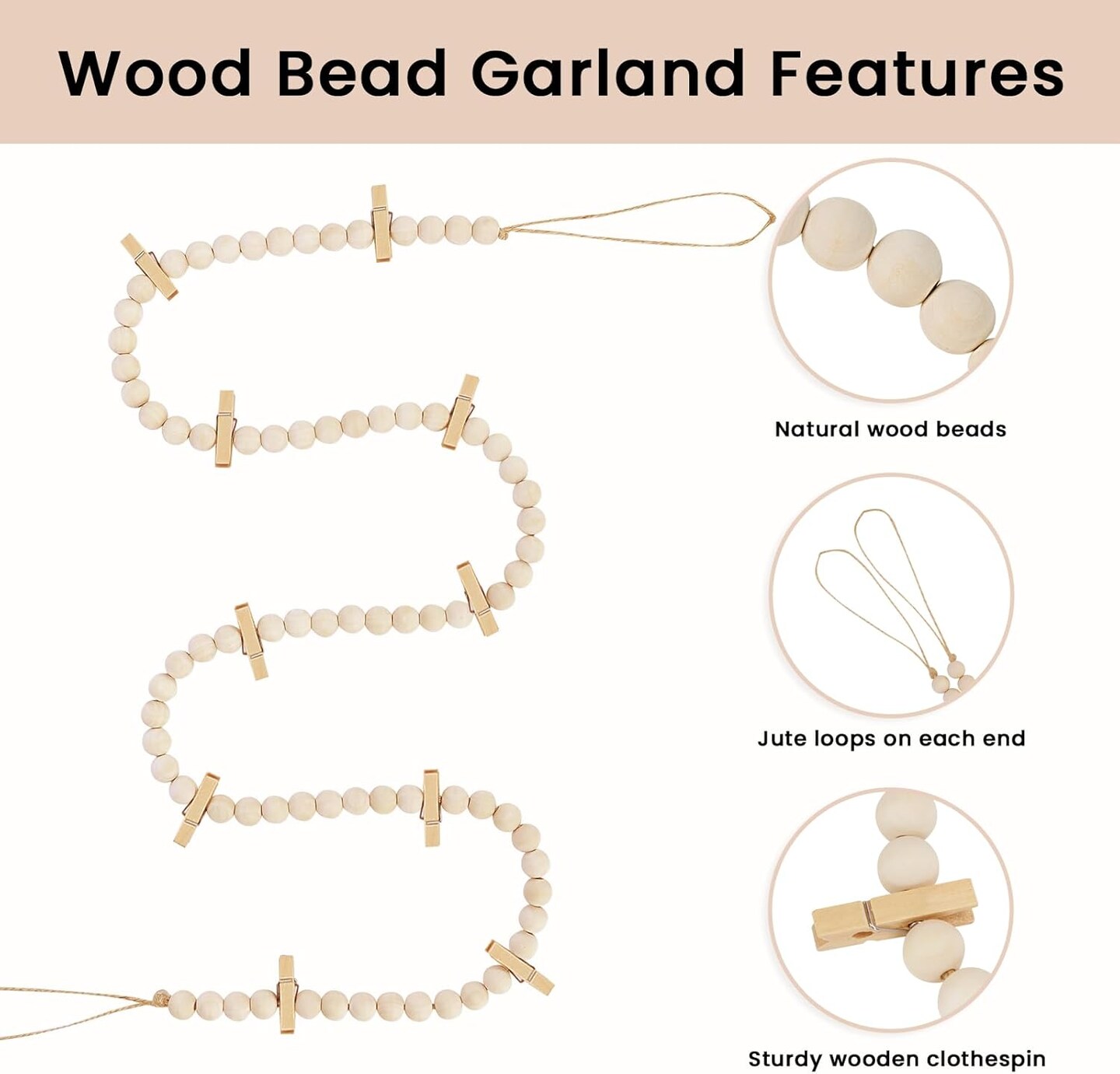 2-Pack Hanging Photo Display with Clips – Boho Wooden Bead Garland, Collage Picture Frame Wall Decor with 10 Clips for Bedroom, Dorm, Cubicle, or Teen Gifts