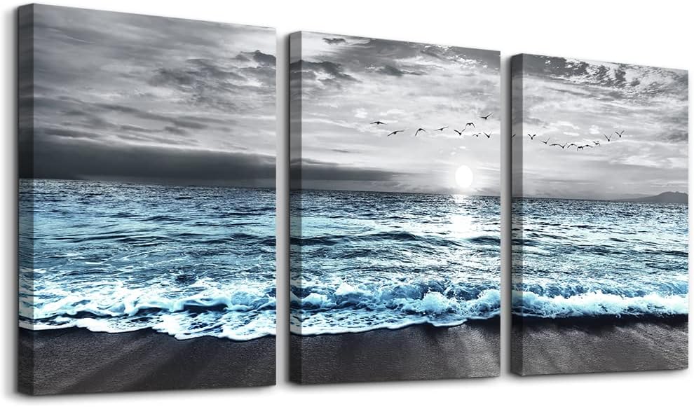 Bedroom Office Wall Decor Black And White Wall Painting Blue Ocean Sea Wave Pictures Artwork