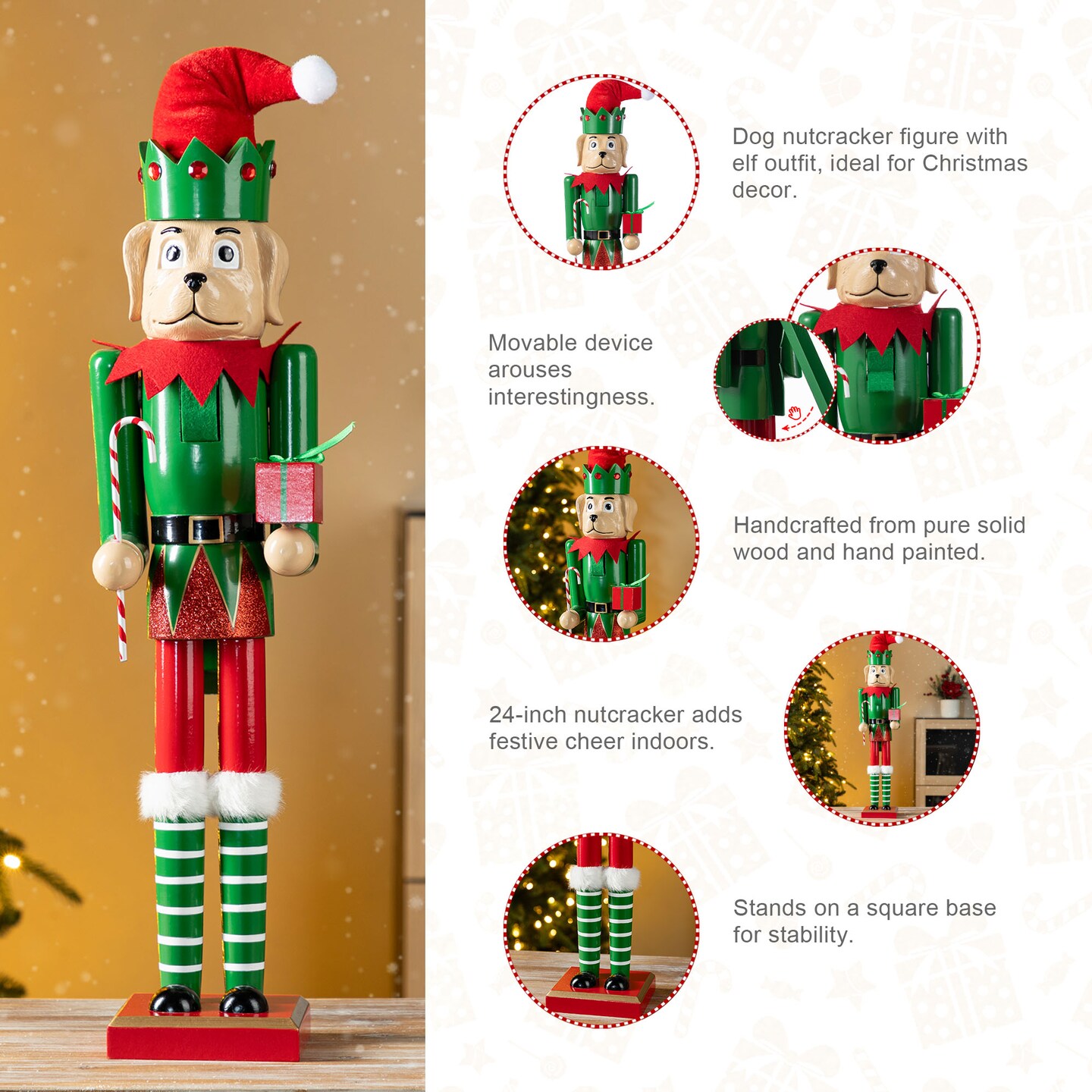 Set of 3 Wooden Christmas Green Brush Tree & Gingerbread Man & Elf Dog Nutcrackers