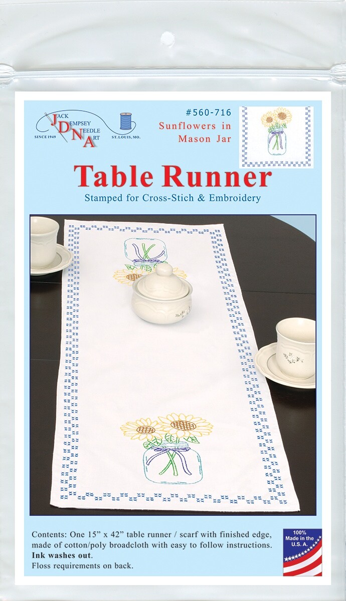 Jack Dempsey Stamped Table Runner/Scarf 15"X42"-Sunflowers In Mason Jar