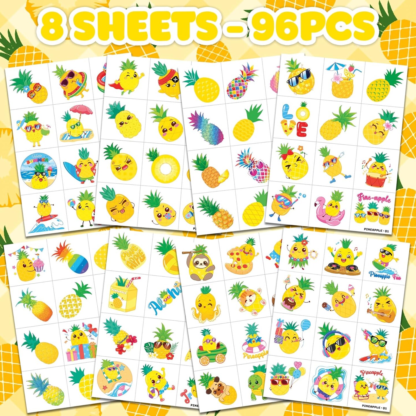 96PCS Pineapple Pre-Cut Temporary Tattoos for Kids