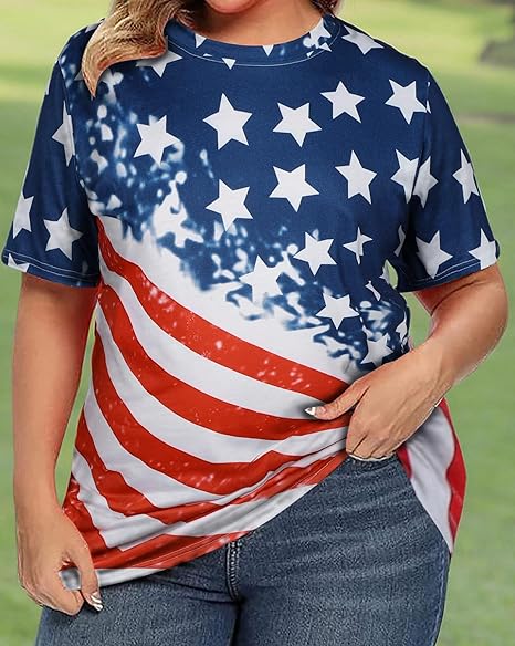 Plus Size American Flag Shirt Women 4th of July Tee Shirt USA Stars Stripes T-Shirt