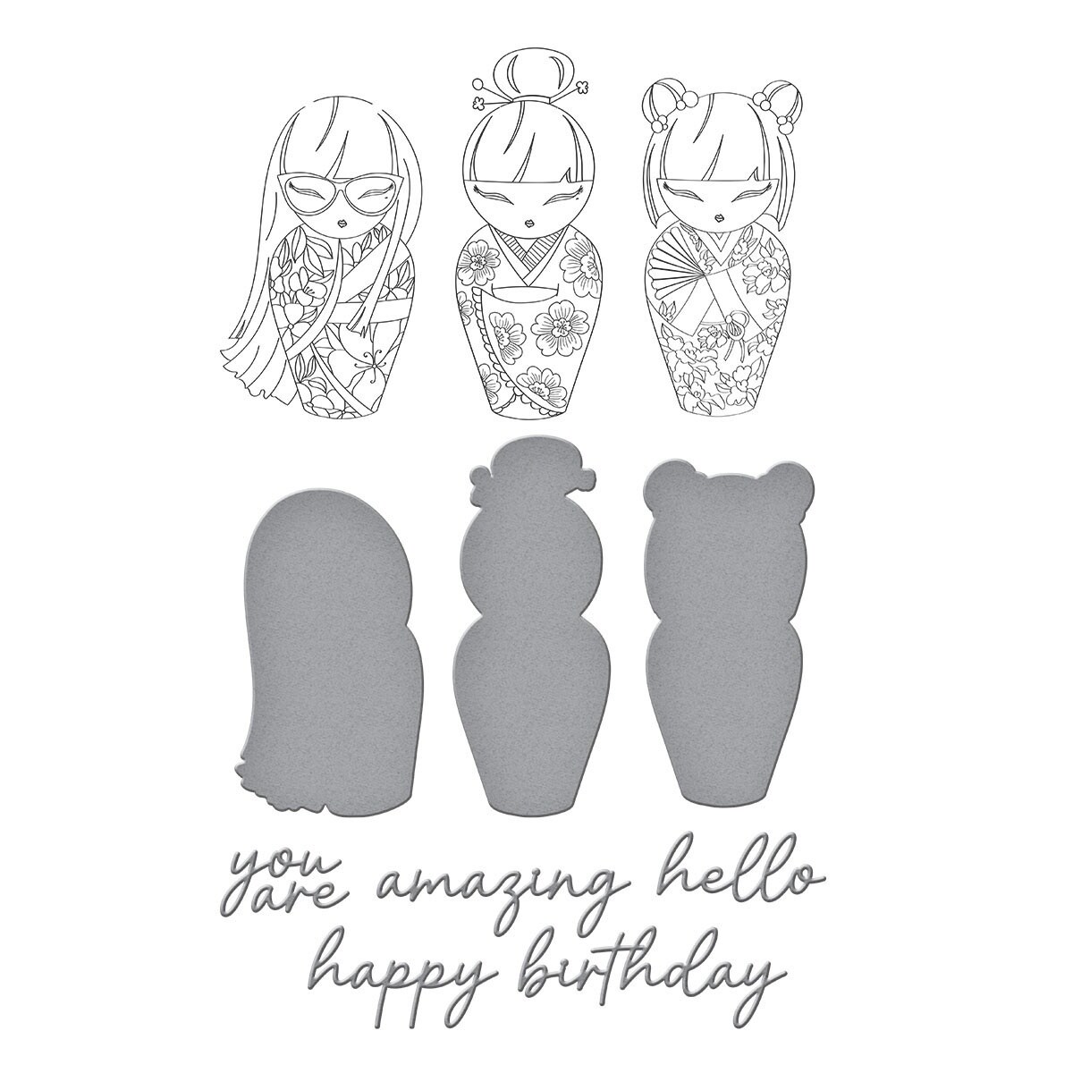 Spellbinders BetterPress Plate & Die By Alex Syberia Designs-Kokeshi Dolls, Spring In Kyoto