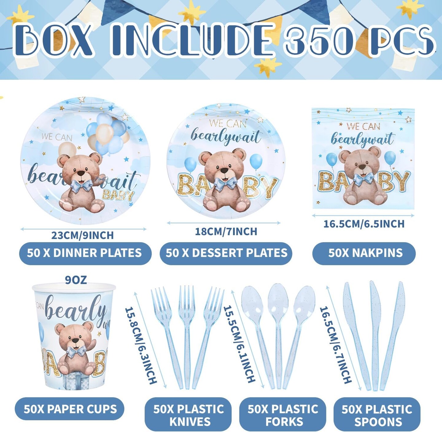 350 Bear Baby Shower Decorations for 50 Guests Include Paper Plate, Napkin, Cup and Disposable Plastic Tableware(Blue)