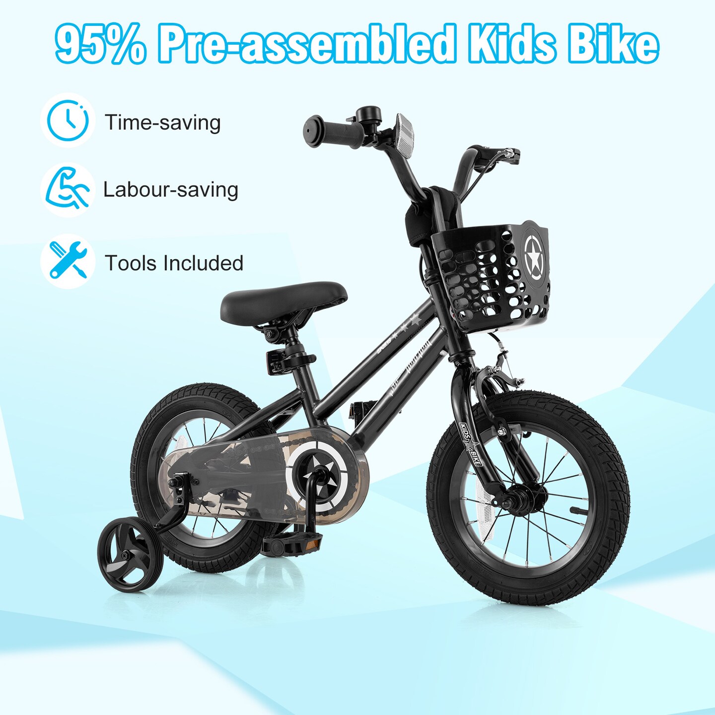 Black Metal Kids Bike with Dual Brakes and Basket, Training Wheels